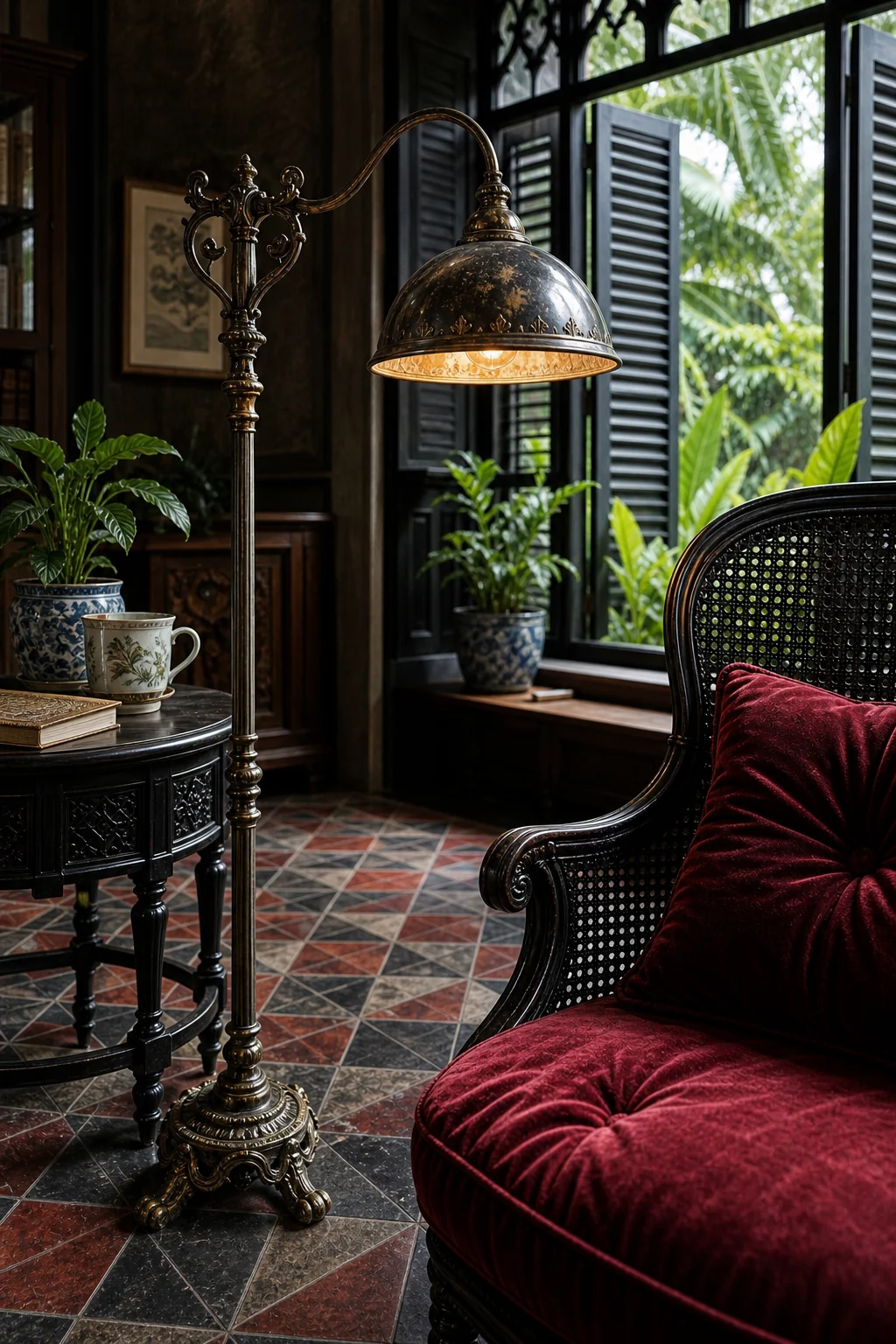 Low angle shot focusing on a heavy wrought iron reading lamp and oxblood red velvet upholstery contrasting against traditional green and white geometric floor tiles.