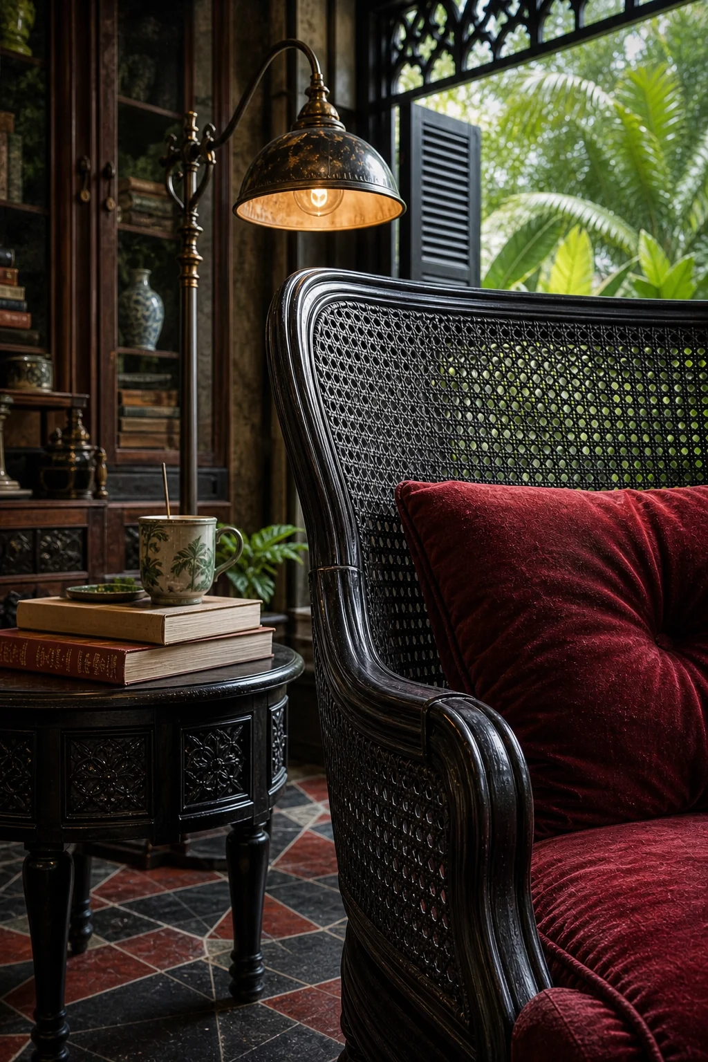 Detail shot of matte black stained rattan webbing on a curved teak chair frame, showing the breathable texture in a dark finish.