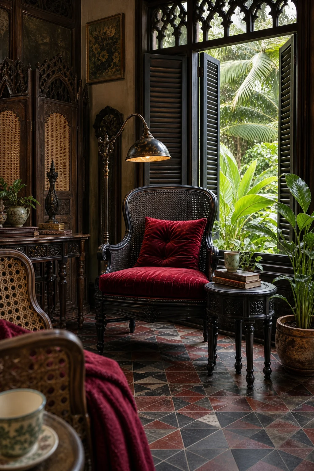 Medium vignette of a matte black rattan plantation chair with an oxblood velvet cushion, positioned by an open louvered window.