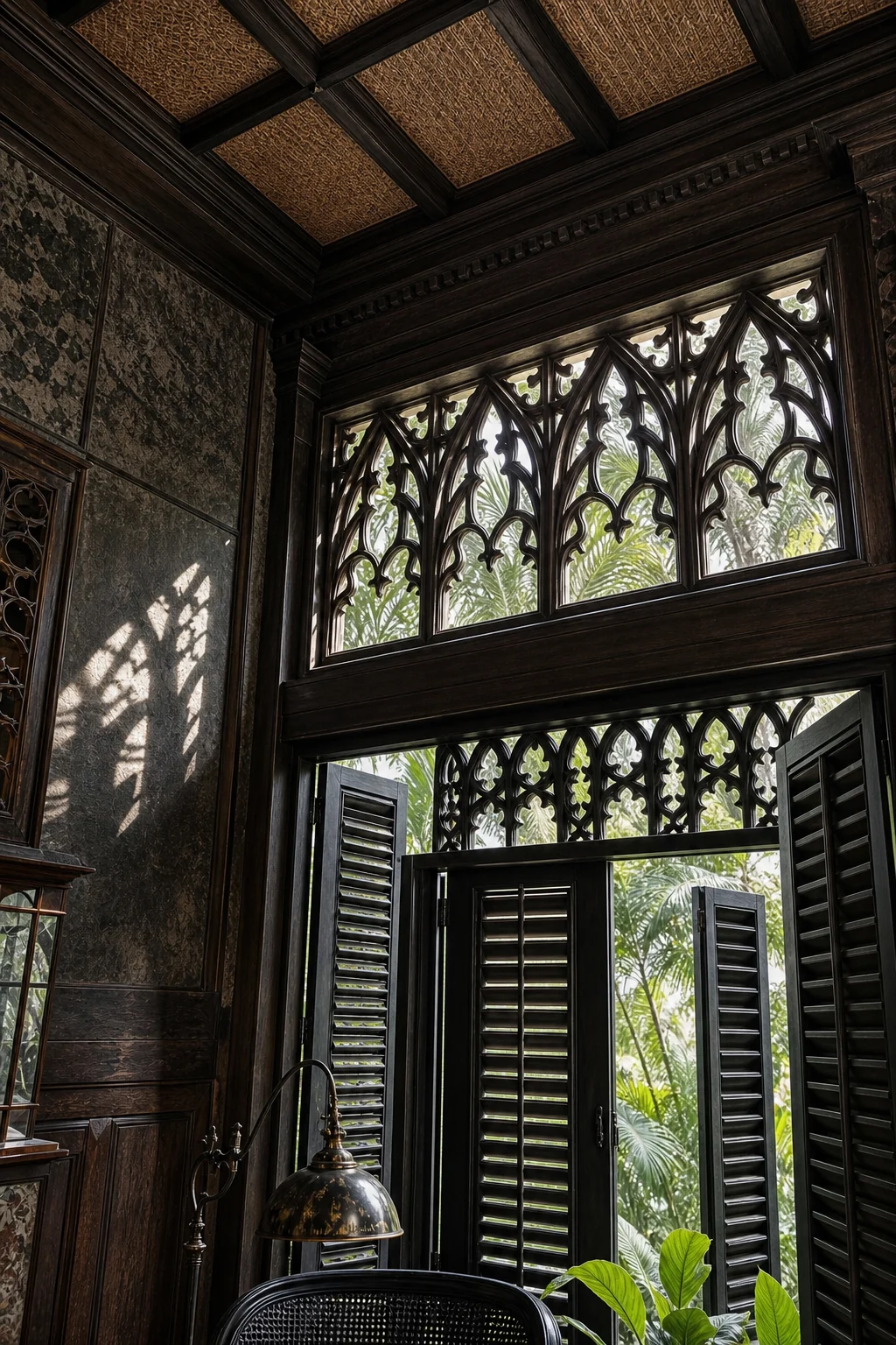 High angle view looking up at traditional tropical carved wood ventilation panels reimagined with sharp, pointed Gothic tracery above the windows.