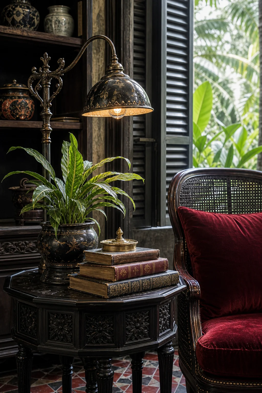 Close up of a dark carved wood side table styled with an aged brass lamp, stacked books, and a potted tropical plant.