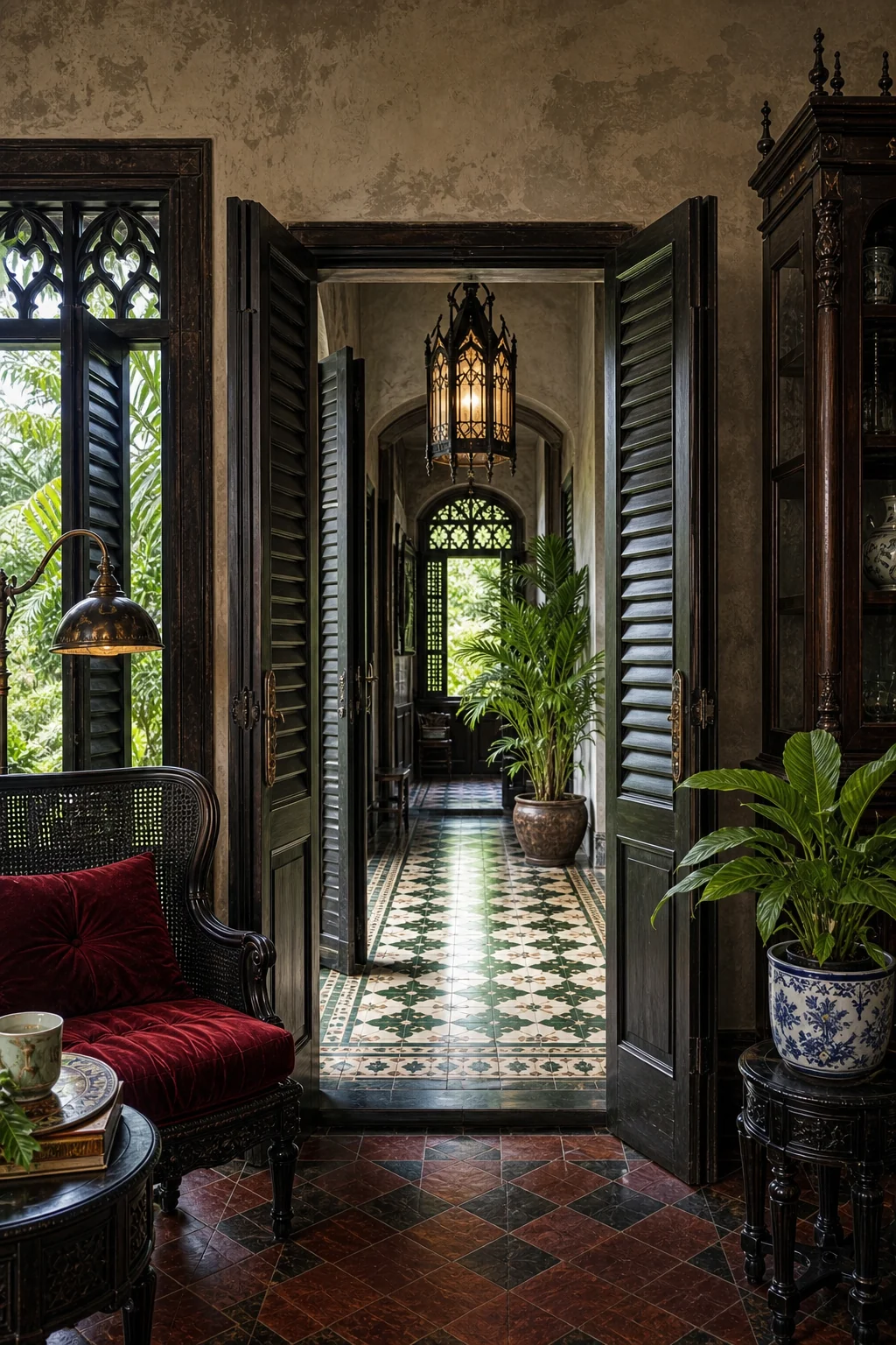 View of an ebonized teak doorway with louvered doors opening into a moody hallway illuminated by a gothic pendant light.