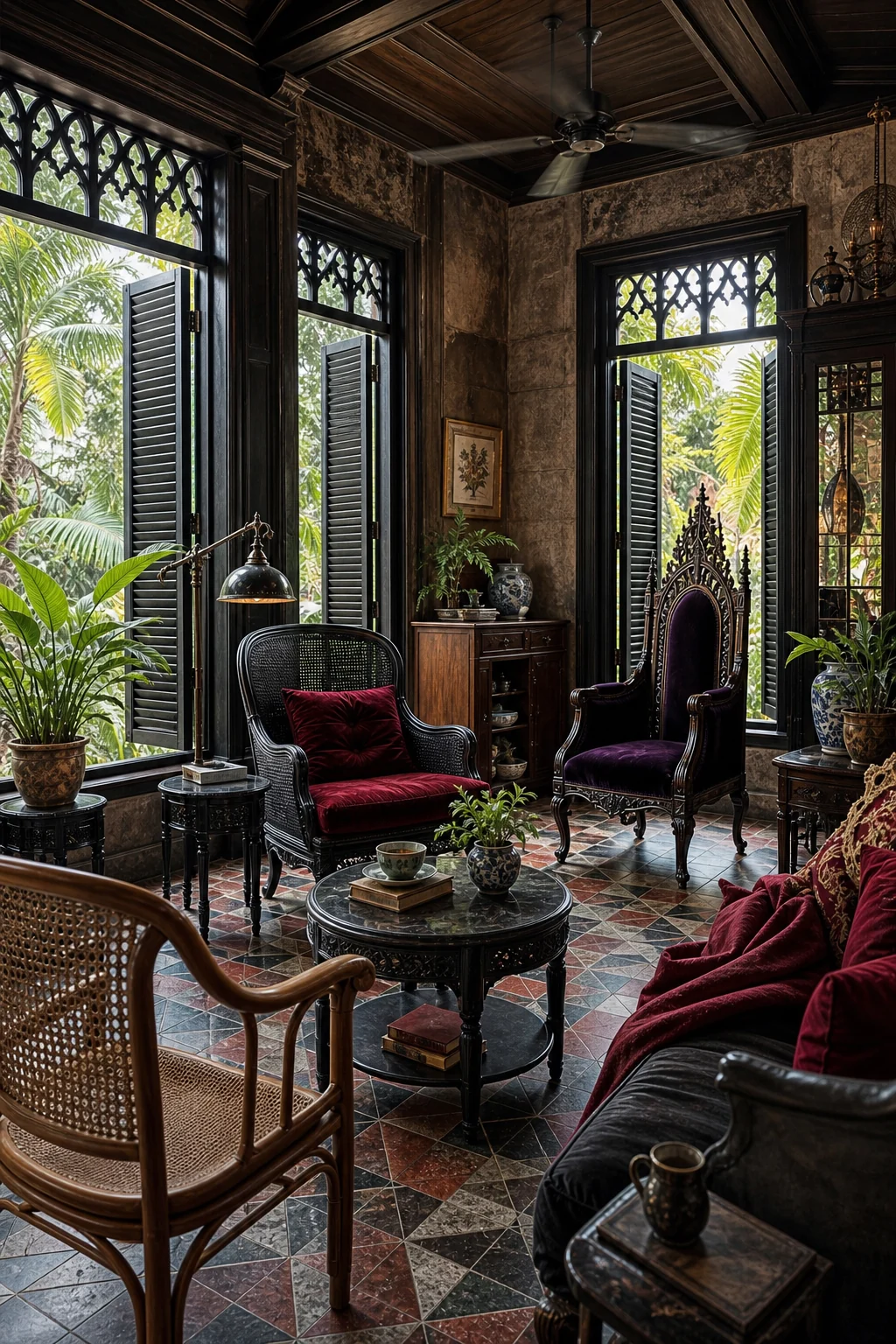 Generous room view showing the balanced integration of airy tropical windows, dark ebonized furniture, red velvet, and patterned floors.