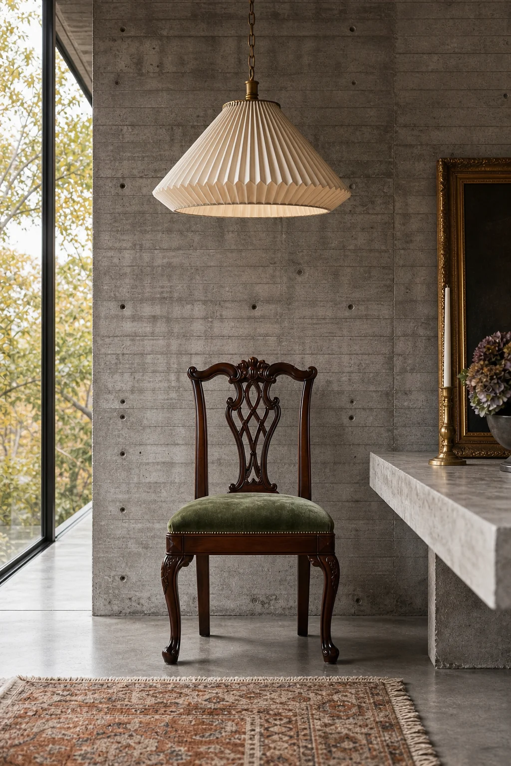 Close-up of a mahogany Chippendale dining chair with sage green velvet against a raw board-formed concrete wall.