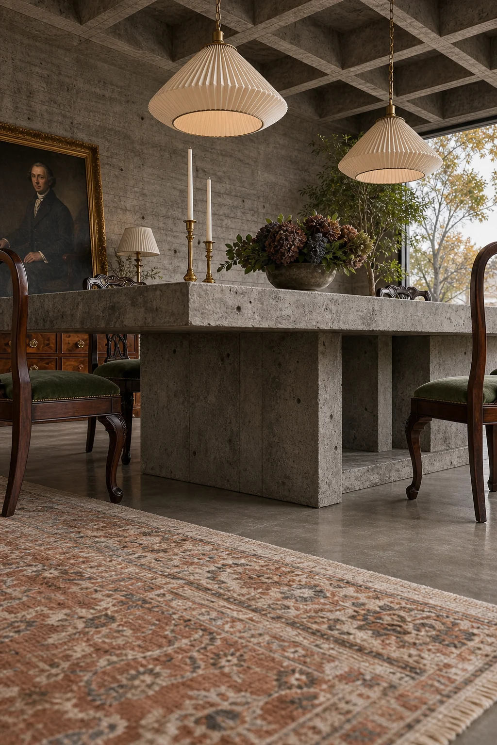 Low angle view of a heavy geometric concrete dining table base resting on a polished concrete floor with a faded rug edge.