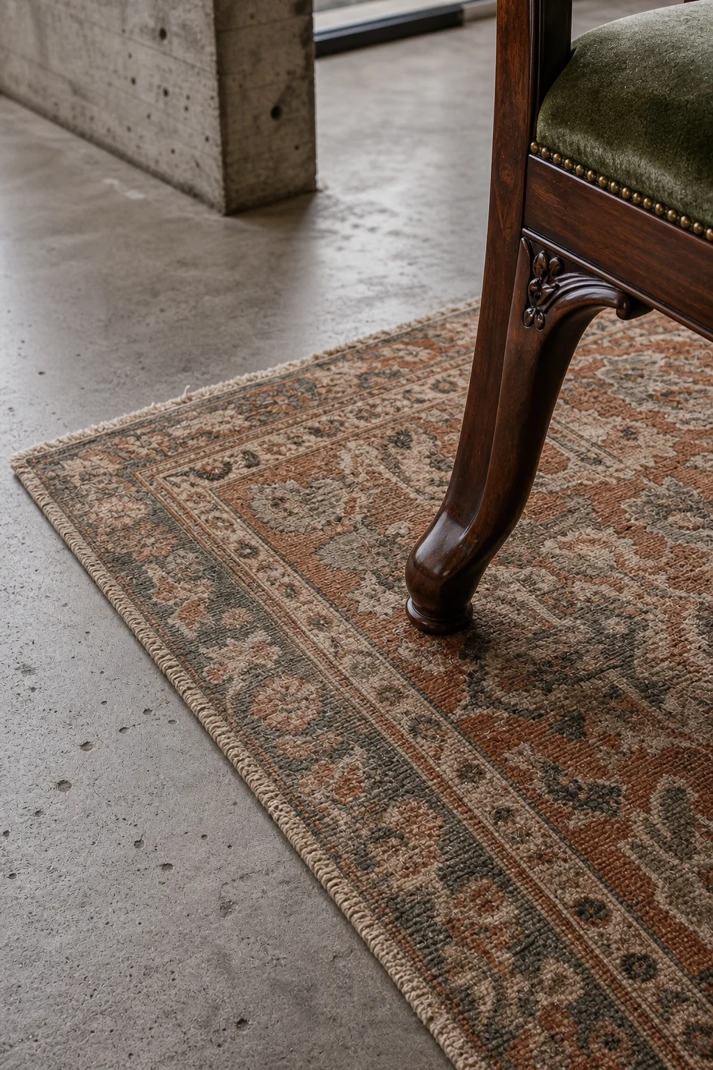 Extreme close-up of a faded terracotta Persian Oushak rug meeting a polished concrete floor, with a carved mahogany chair leg.