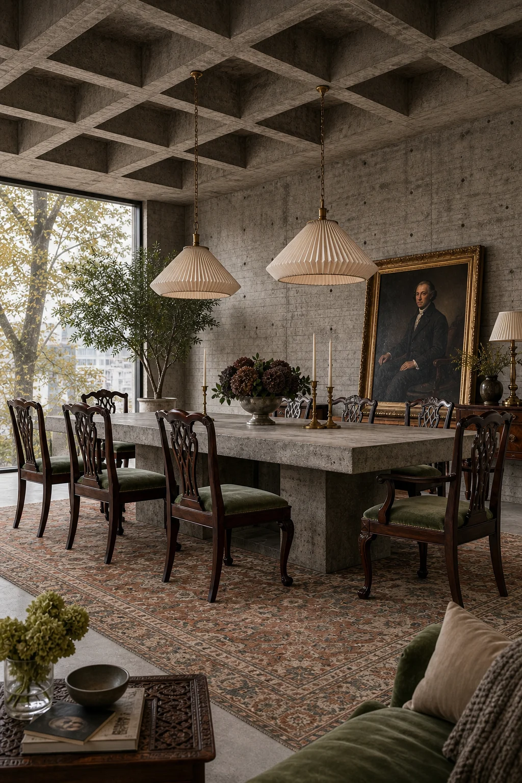 Medium shot of a concrete dining table surrounded by mahogany Chippendale chairs under pleated silk pendant lights.