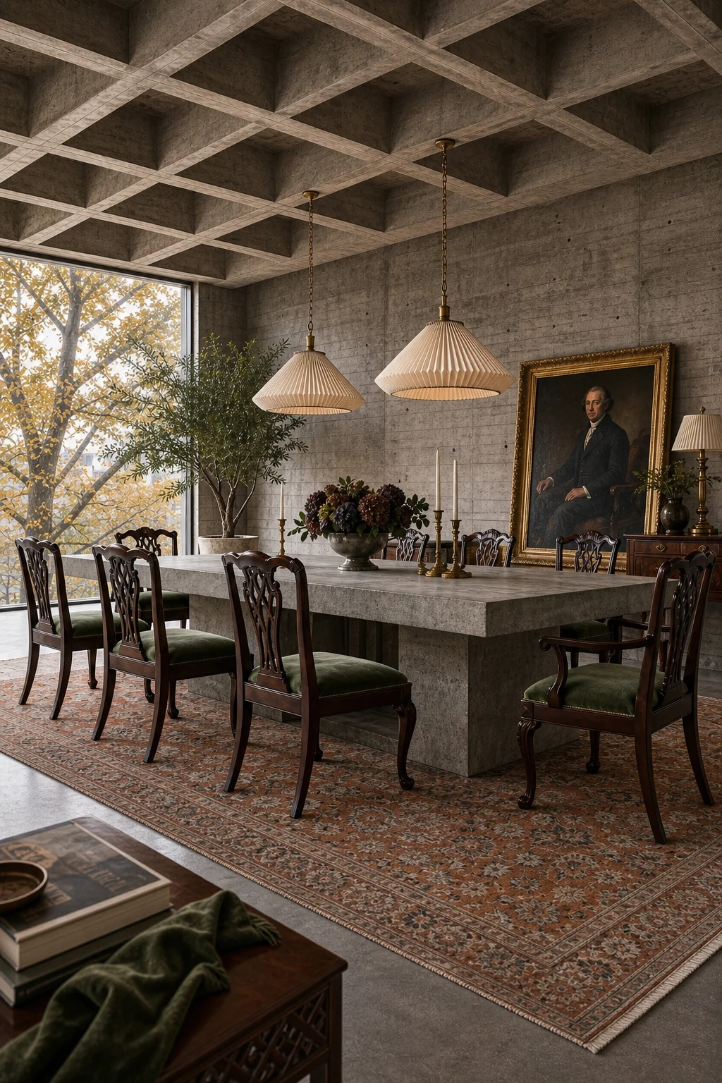 Wide architectural shot showing autumn daylight illuminating a waffle-slab concrete ceiling and pleated silk shades.