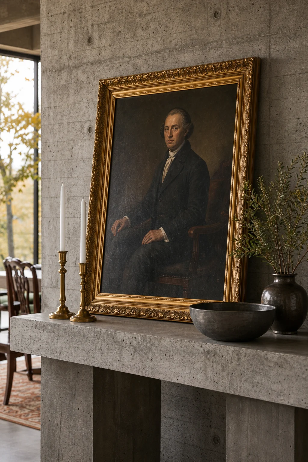 A gilt-framed classical oil portrait leaning against a raw concrete wall next to oxidized brass candlesticks.
