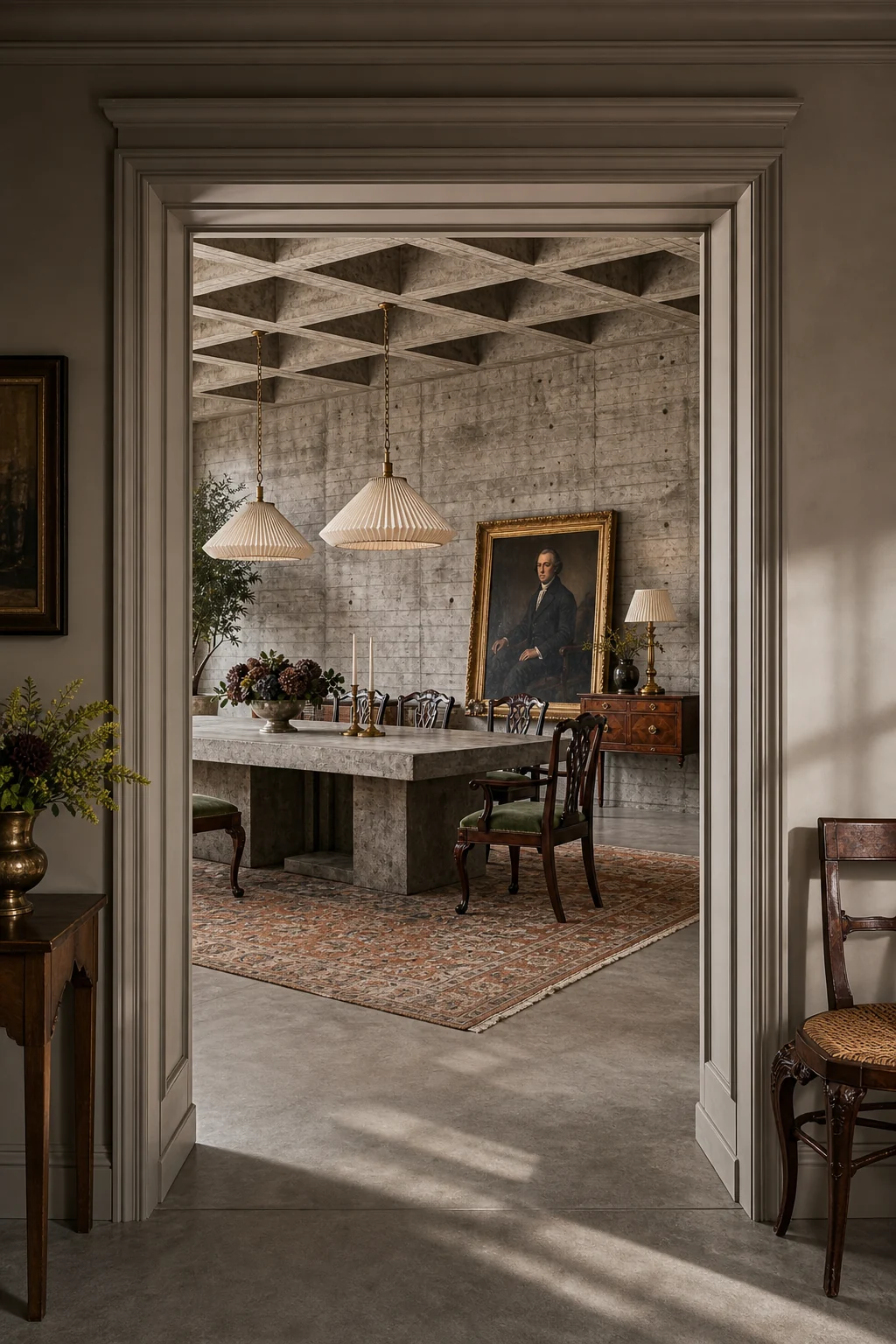 View through a classic historicist doorway into a dining room with a concrete table and raw concrete walls.