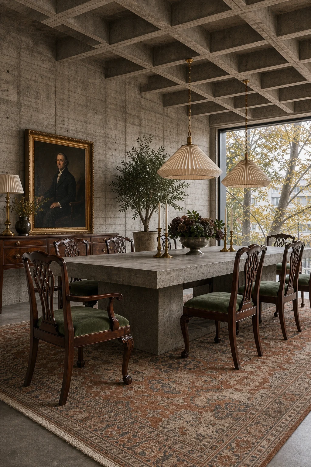 Full room hero shot of a dining room balancing a raw concrete architectural shell with warm historicist decor.