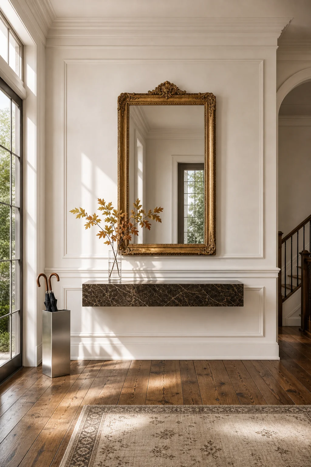 Low angle shot of raised panel wainscoting and wide-plank heart pine floors meeting a stark minimalist steel umbrella stand.