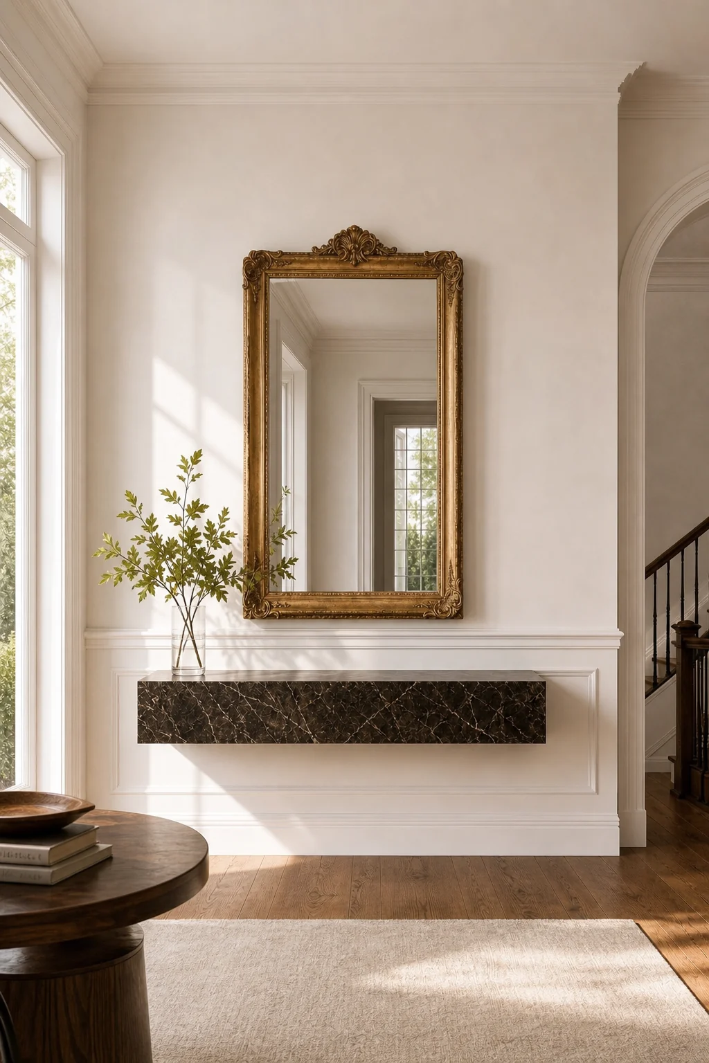 Straight-on medium shot of a floating dark Emperador marble console beneath an antique gilded mirror on a blank white wall.