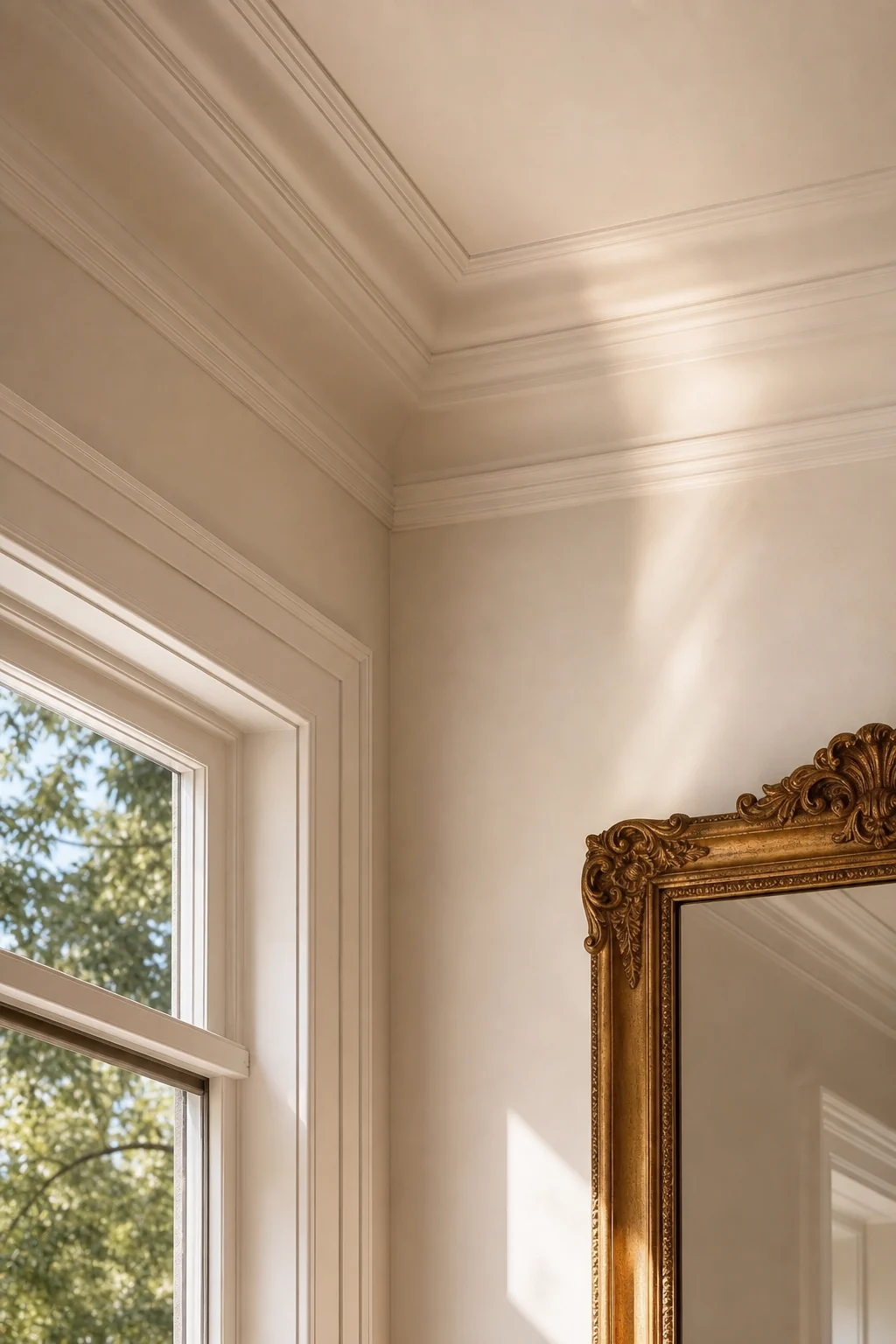 Macro detail shot of ornate crown molding painted in a matte plaster white finish, flattening the details against a smooth ceiling.