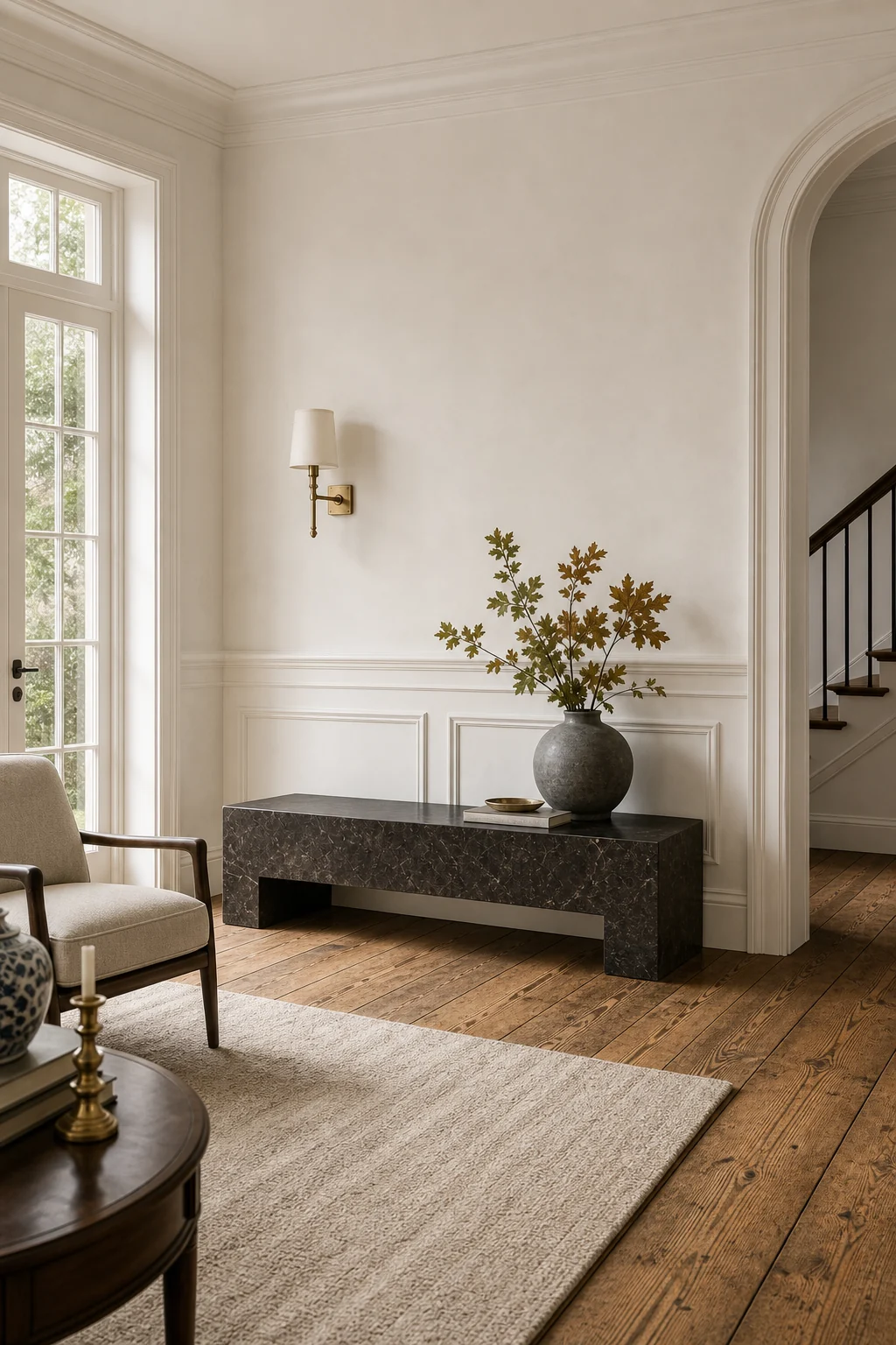 Medium-wide angled shot of a minimalist stone bench sitting on heart pine floors against traditional paneled walls.