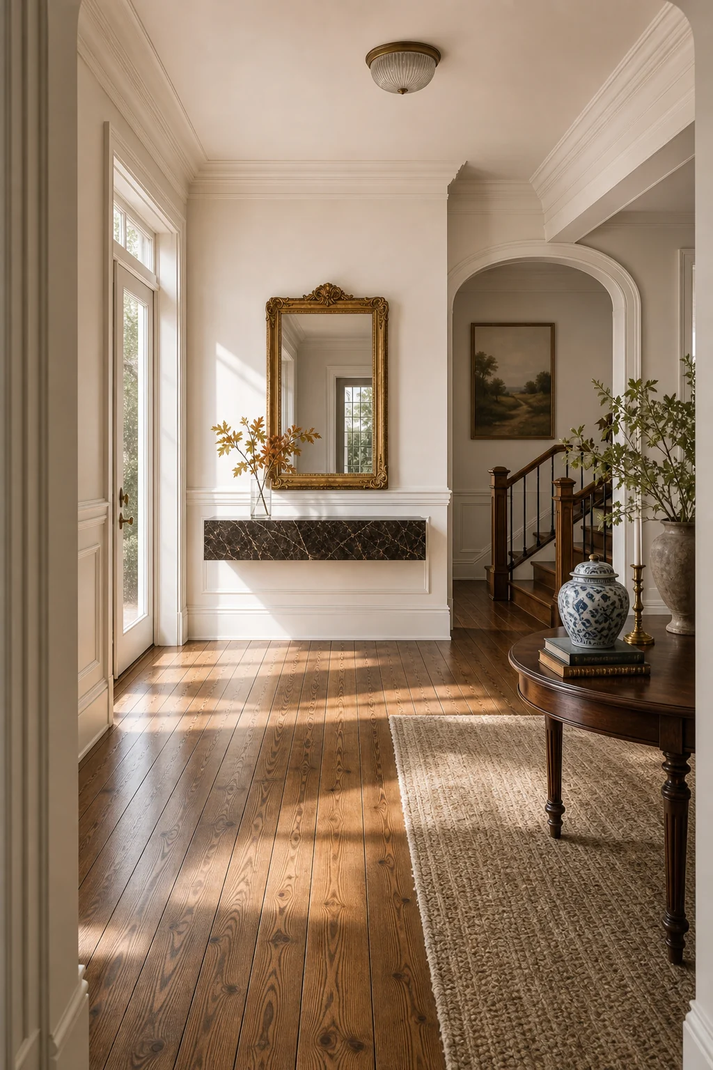 Wide shot from the doorway showing raking sunlight stretching across the floor, hitting the paneled walls and floating console.