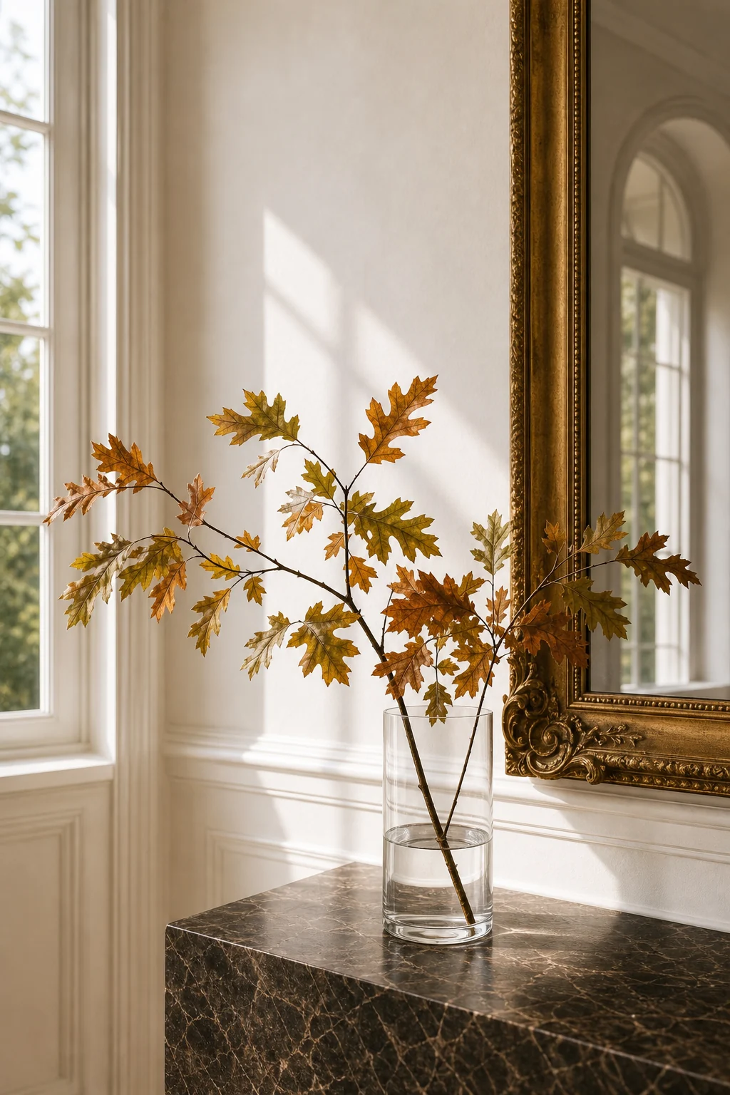 Close-up vignette of a glass cylinder with autumn oak leaves on dark marble, with the edge of a gilded mirror visible.