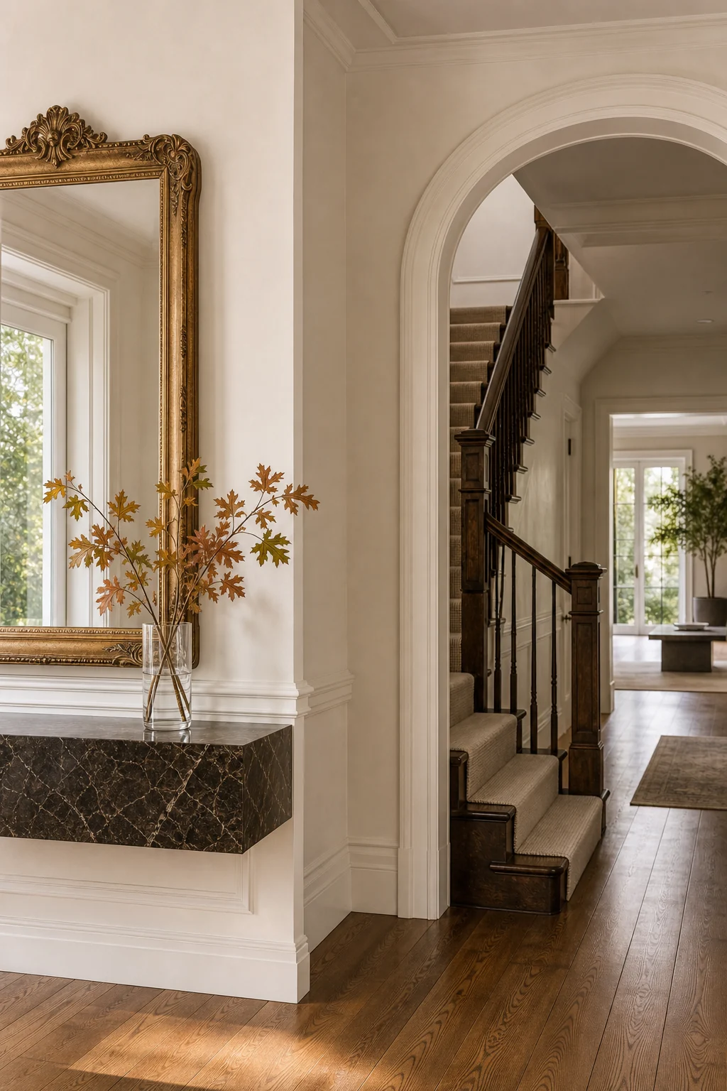 Deep perspective view past the minimalist console into a hallway featuring a traditional staircase with a stark modern runner.