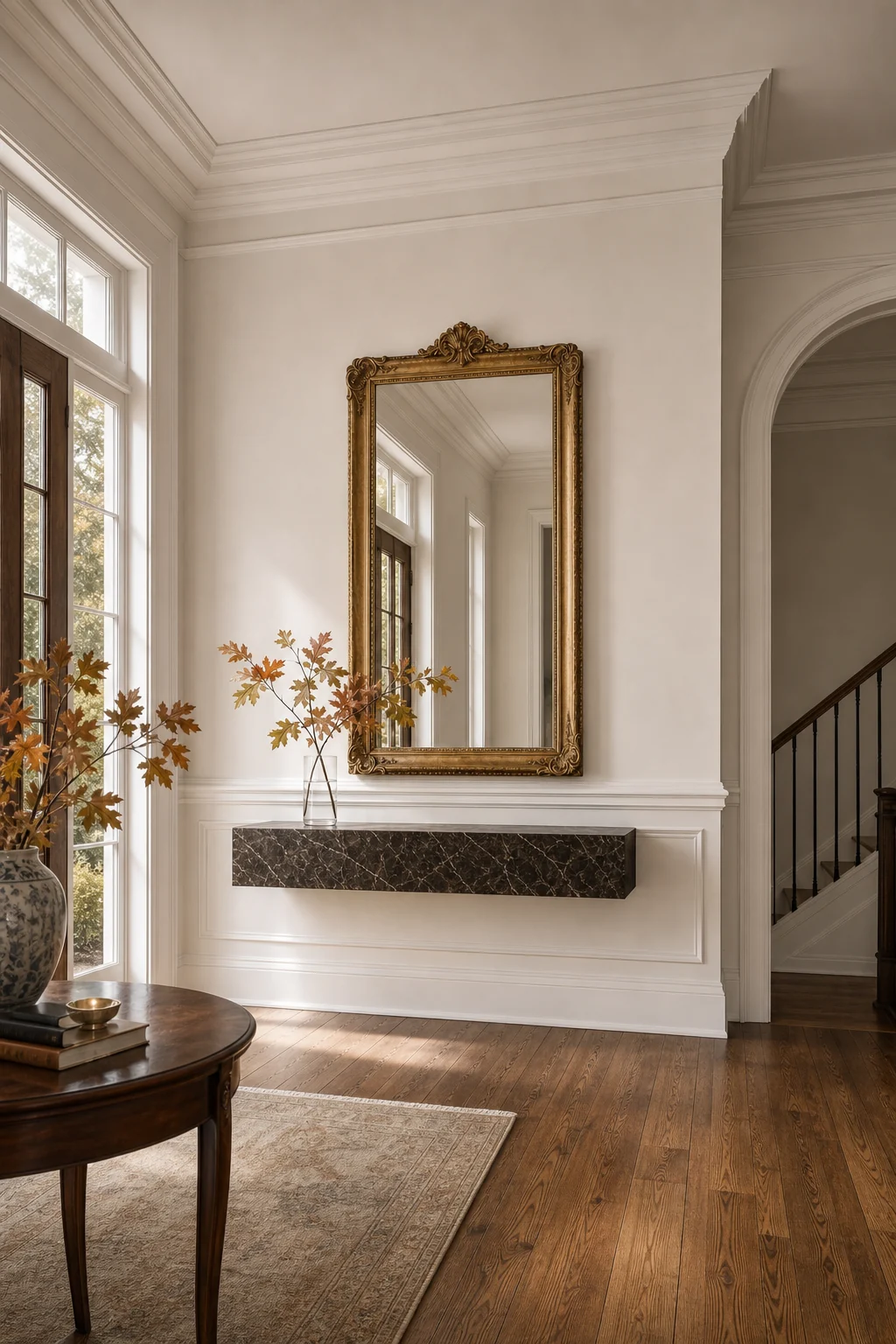 Full vertical room portrait capturing the floating console, gilded mirror, heart pine flooring, and ceiling molding in one balanced frame.