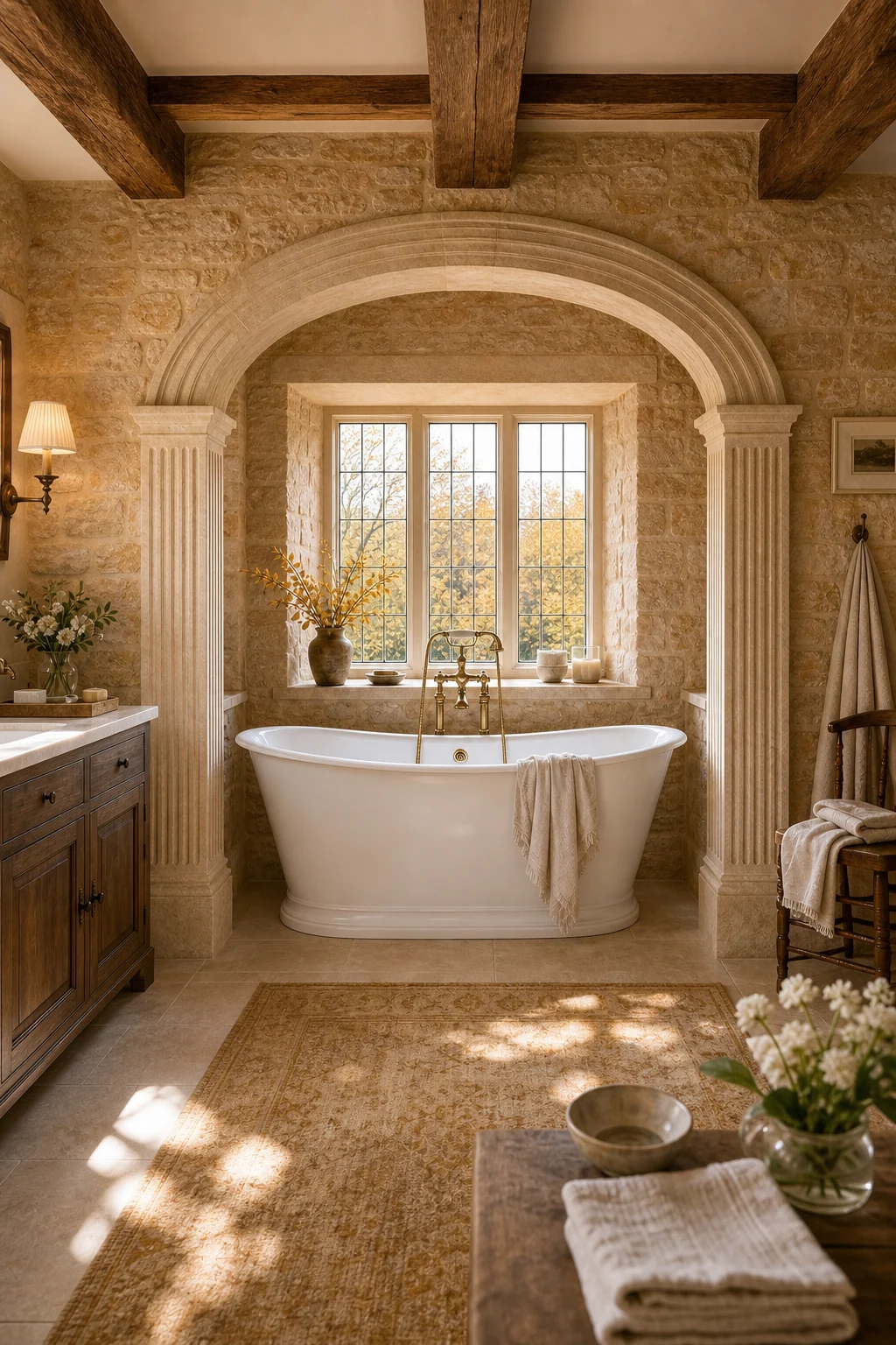 A symmetrical bathroom alcove featuring classical fluted pilasters carved from rough honey-colored limestone.