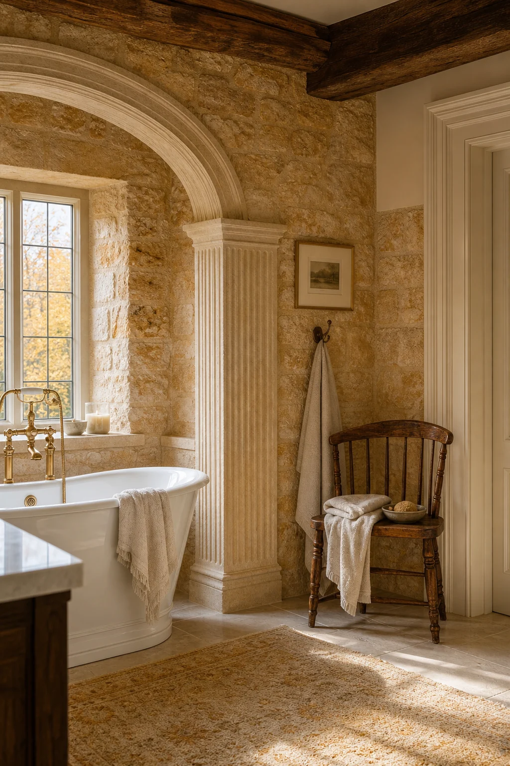 Exposed aged oak ceiling beams above a rough limestone wall and a weathered wooden chair.