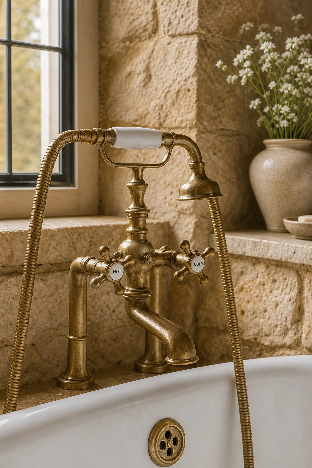 Close-up of a tarnished unlacquered brass cross-handle faucet mounted against rough limestone.