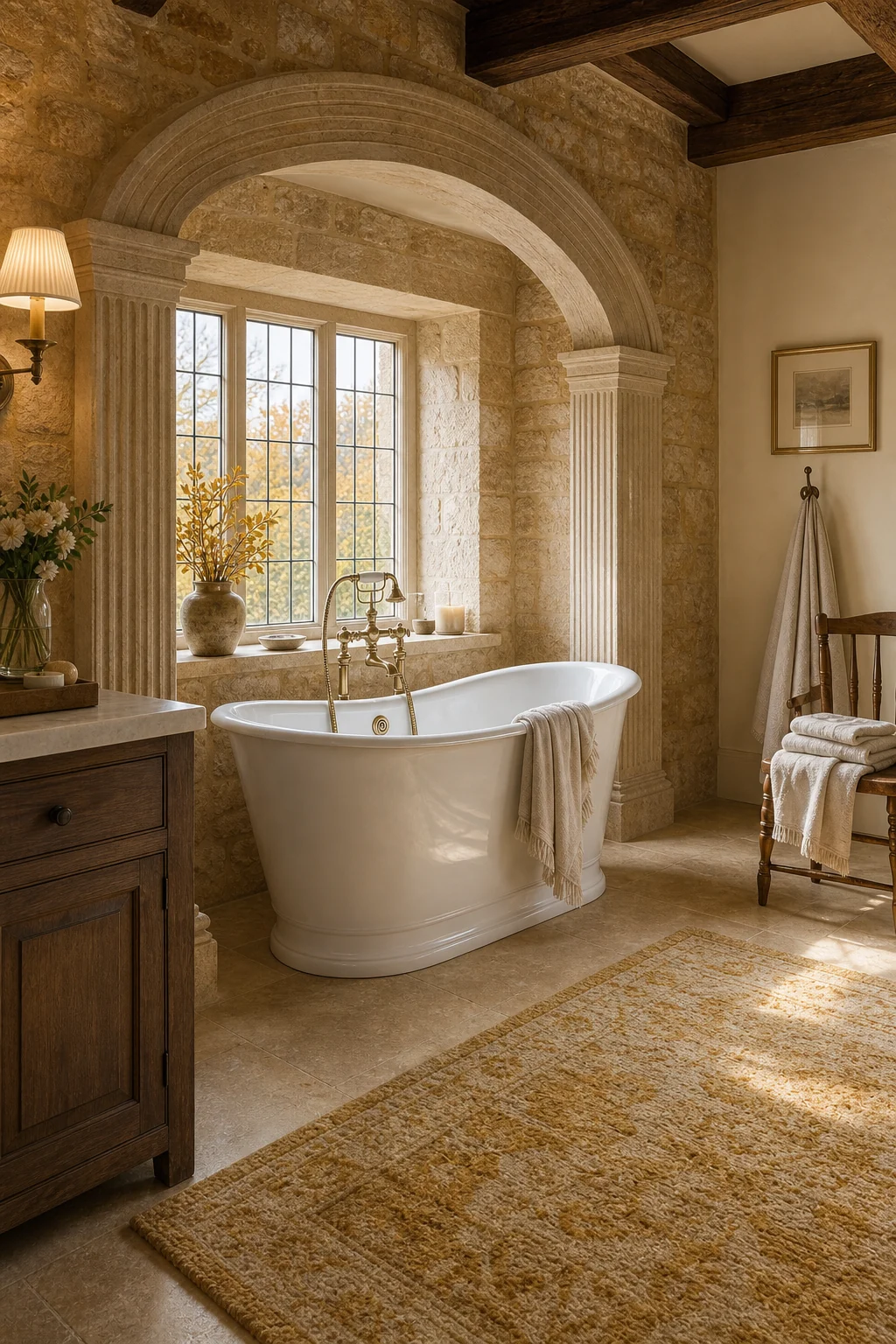 A white freestanding bathtub resting on smooth honed limestone floors with a faded ochre rug.