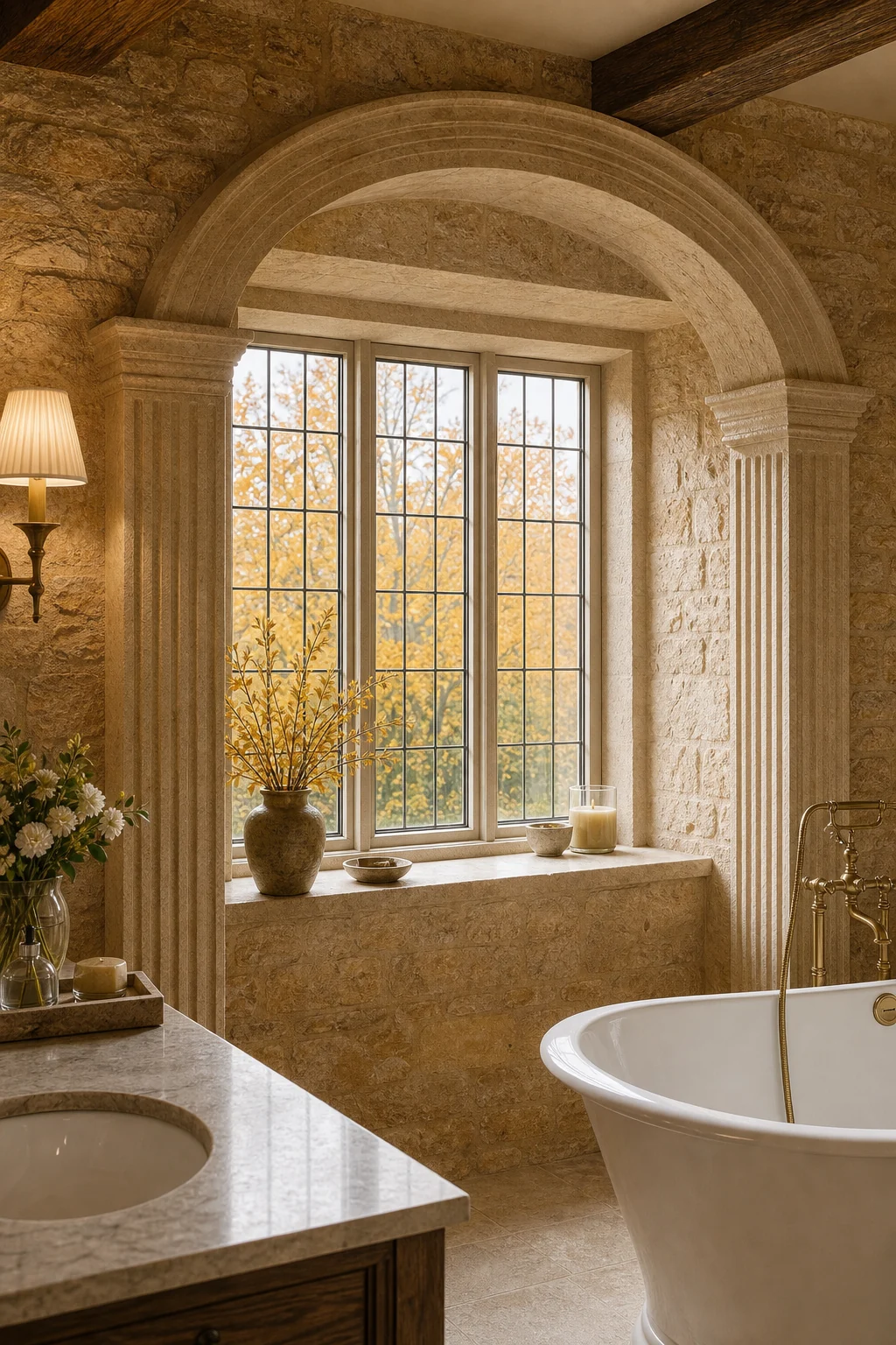 Golden autumn light streaming through a deep-set leaded glass mullioned window onto stone arches.