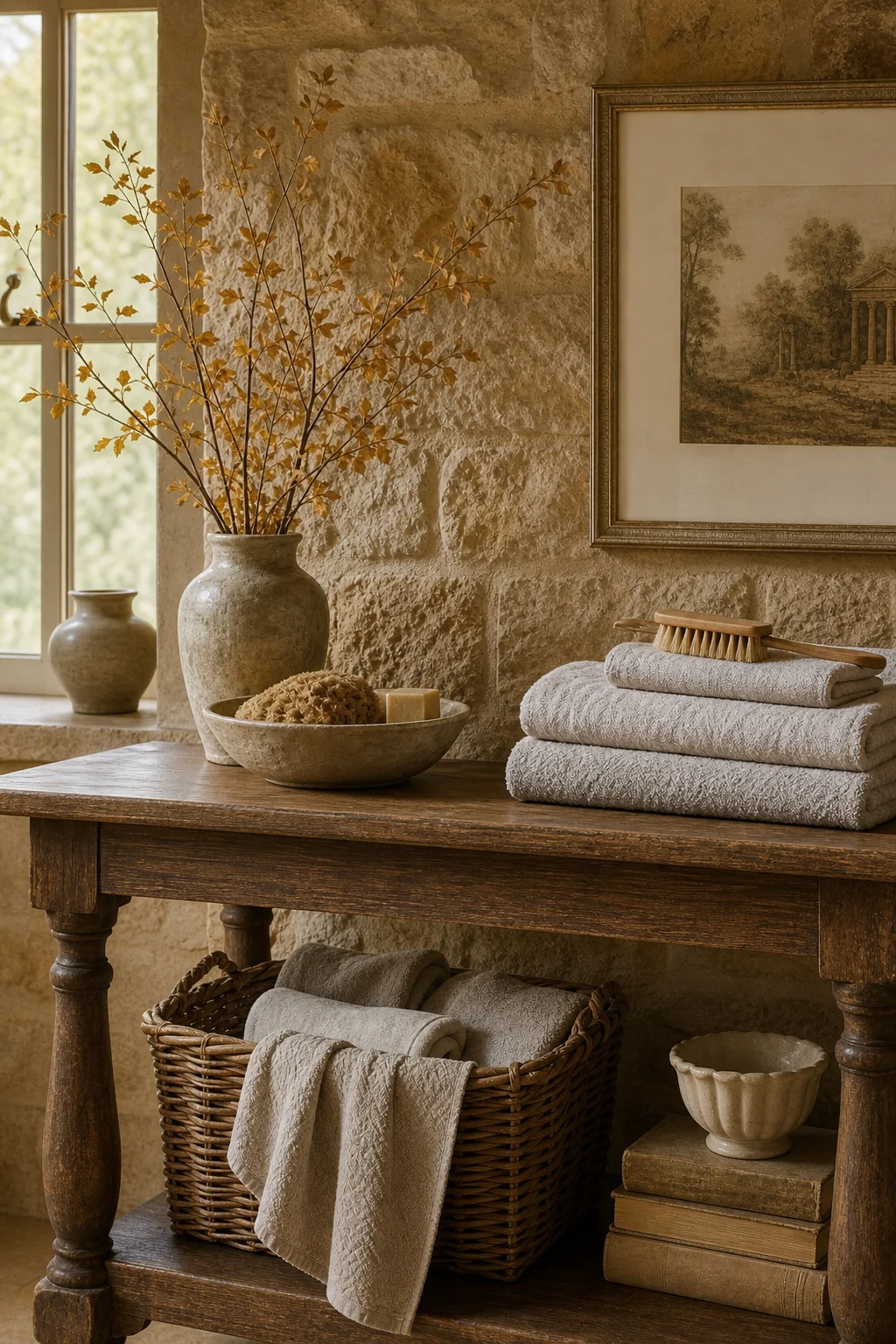 A bathroom vanity featuring a white ceramic basin, brass tap, and autumn foliage against stone.