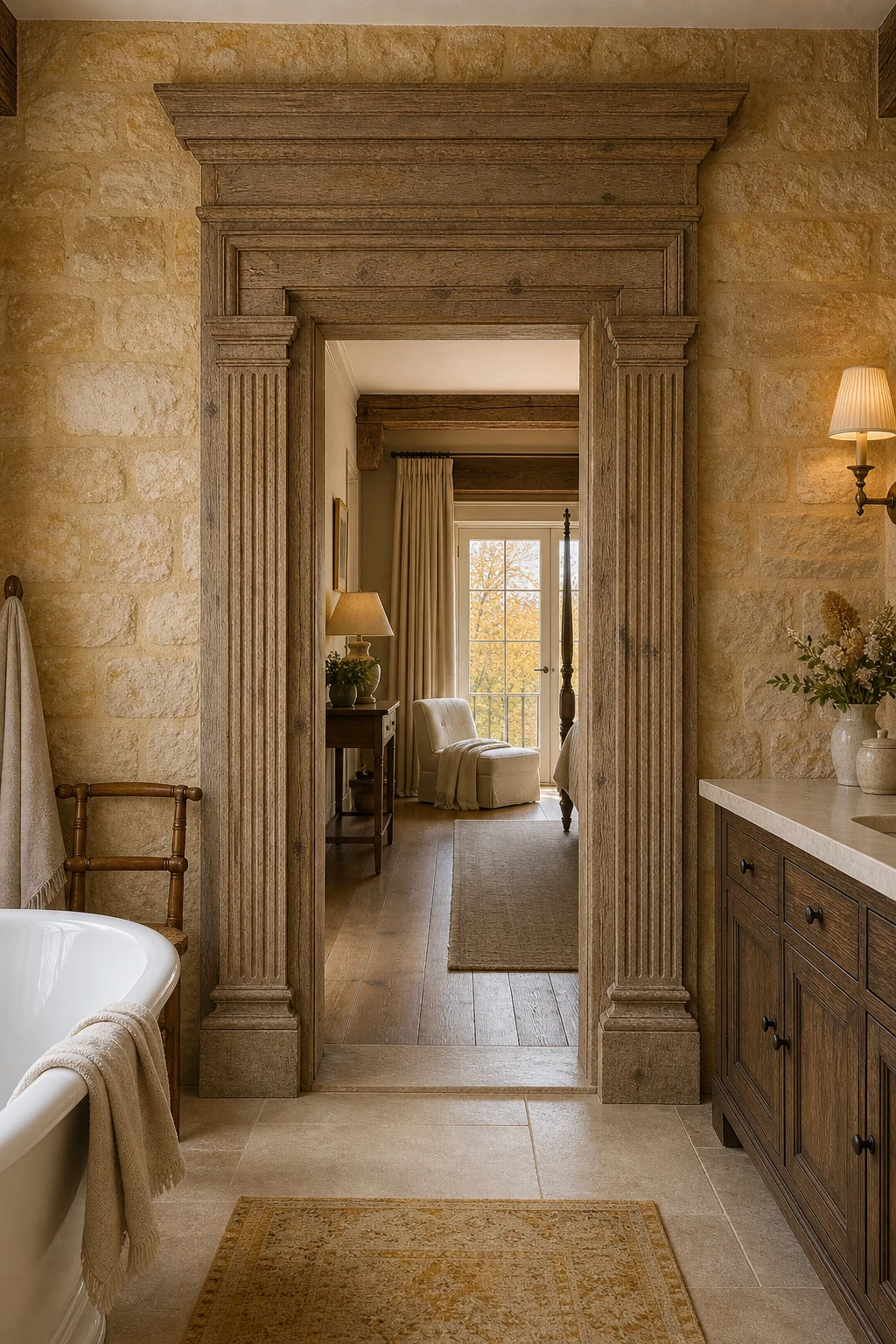 A bathroom doorway showing classical proportions built from rough, unpainted weathered timber.