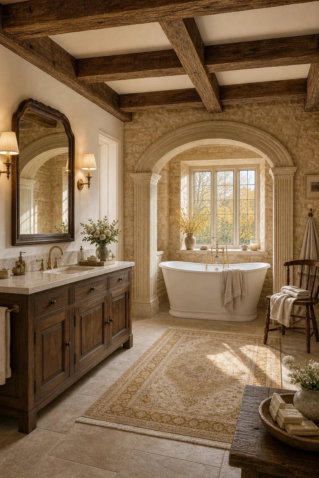 A wide view of the bathroom showing the bathtub alcove, stone walls, and oak ceiling beams.
