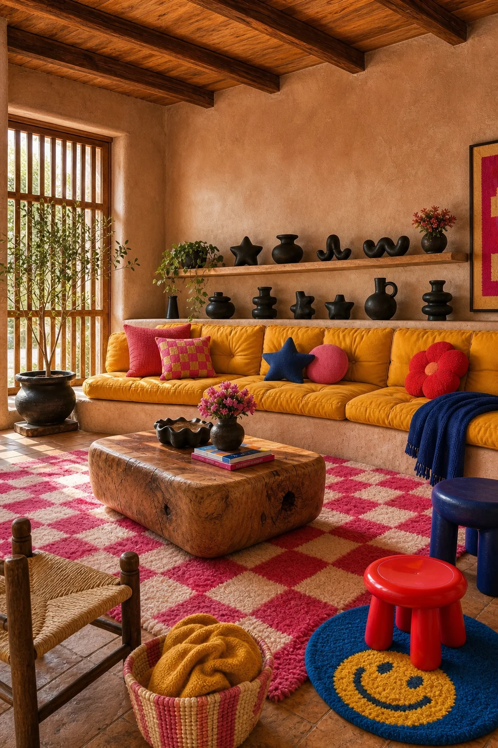 Built-in adobe banquette with thick raw plaster walls and a bright marigold yellow puffy cushion.