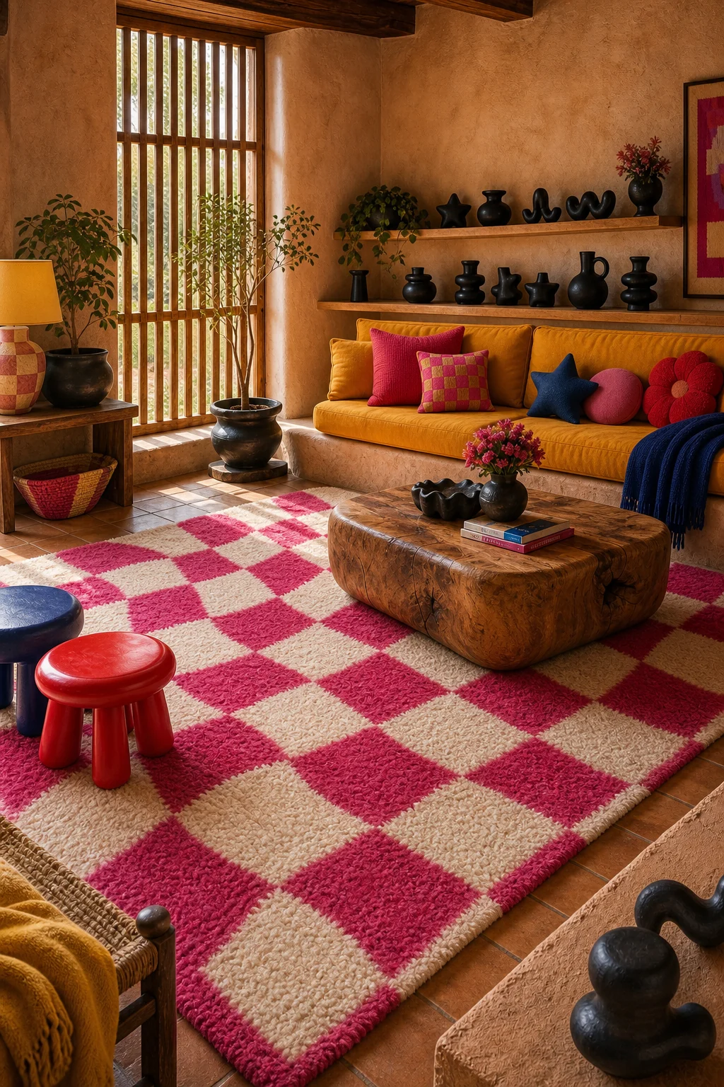Large wool rug featuring an oversized wavy checkerboard pattern in hot pink and cream.
