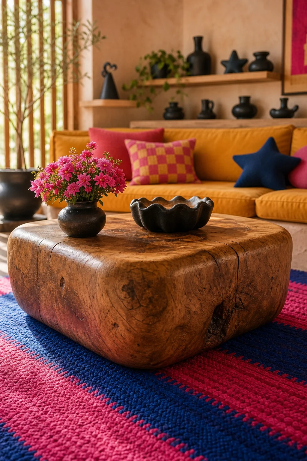 Close-up of a raw carved wood block resting on a vibrant indigo and hot pink woven textile.