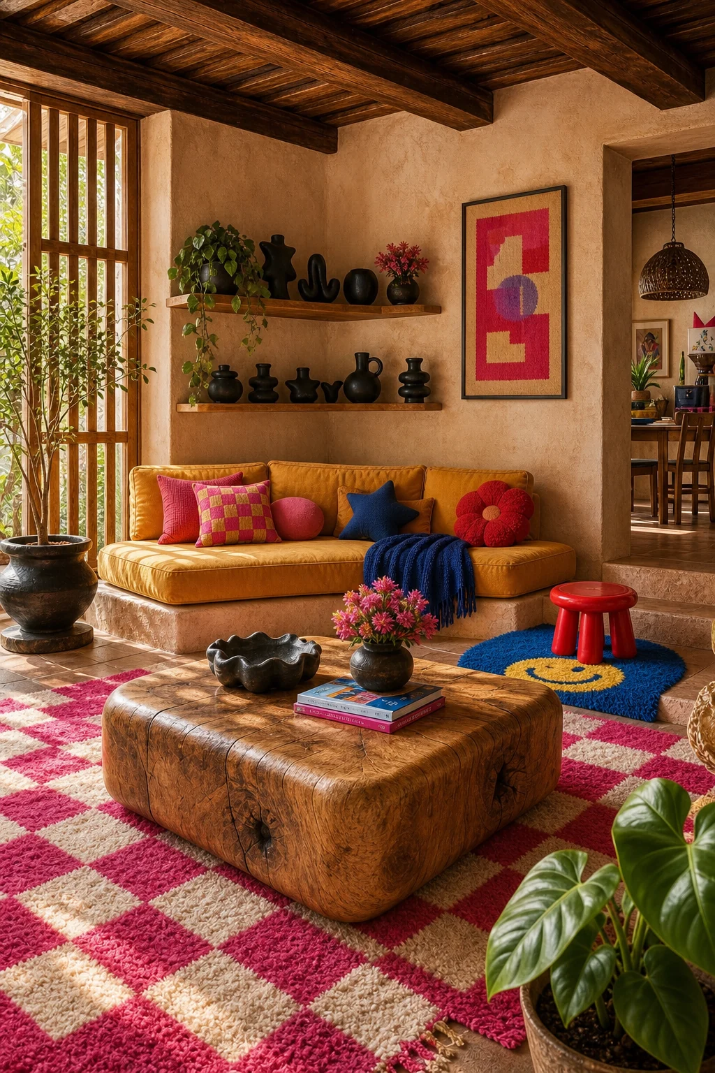 Low-angle view of a solid raw wood coffee table shaped like a puffy toy block on a pink checkerboard rug.
