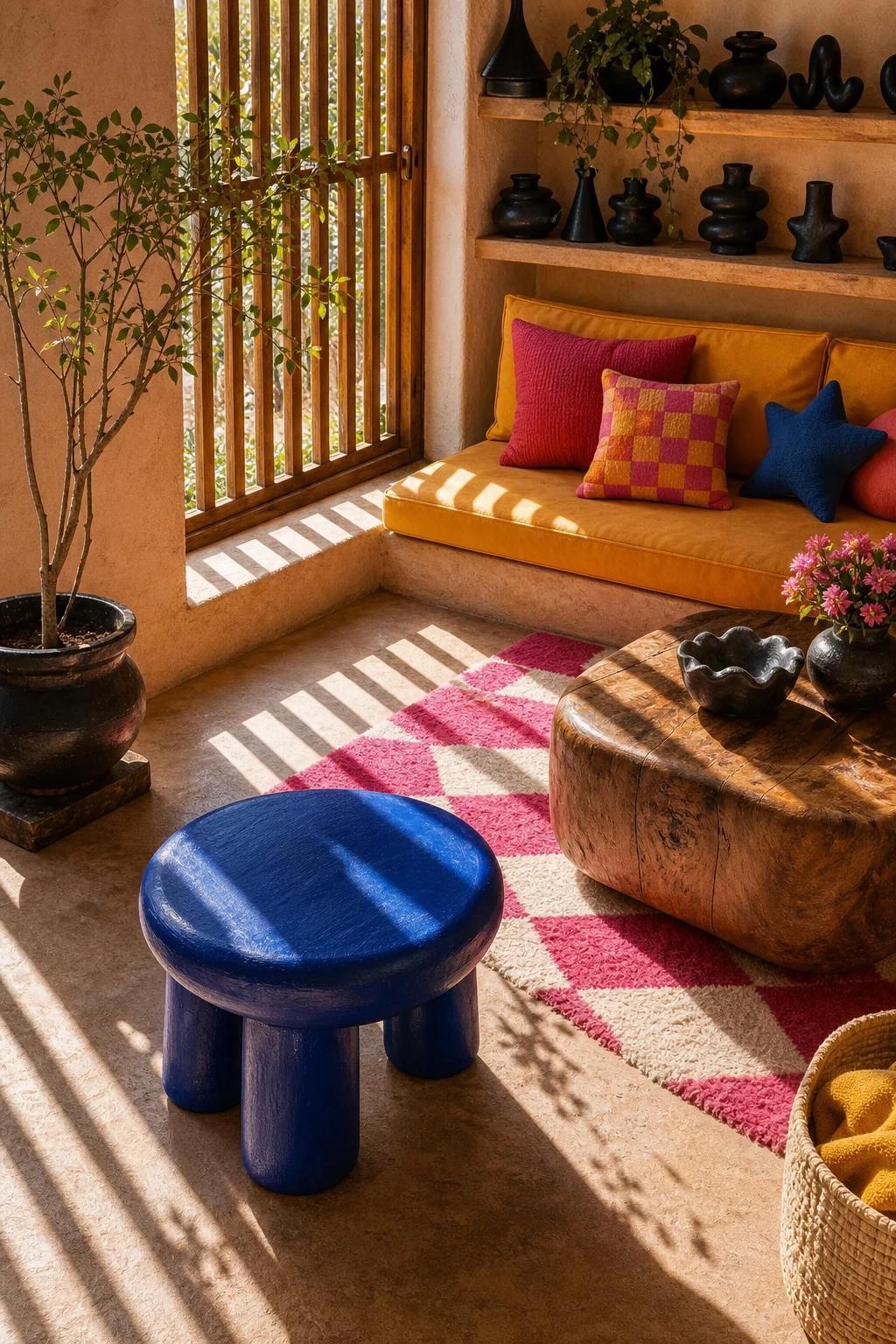 Golden sunlight streaming through wooden slatted windows onto a textured plaster wall and a chunky blue stool.