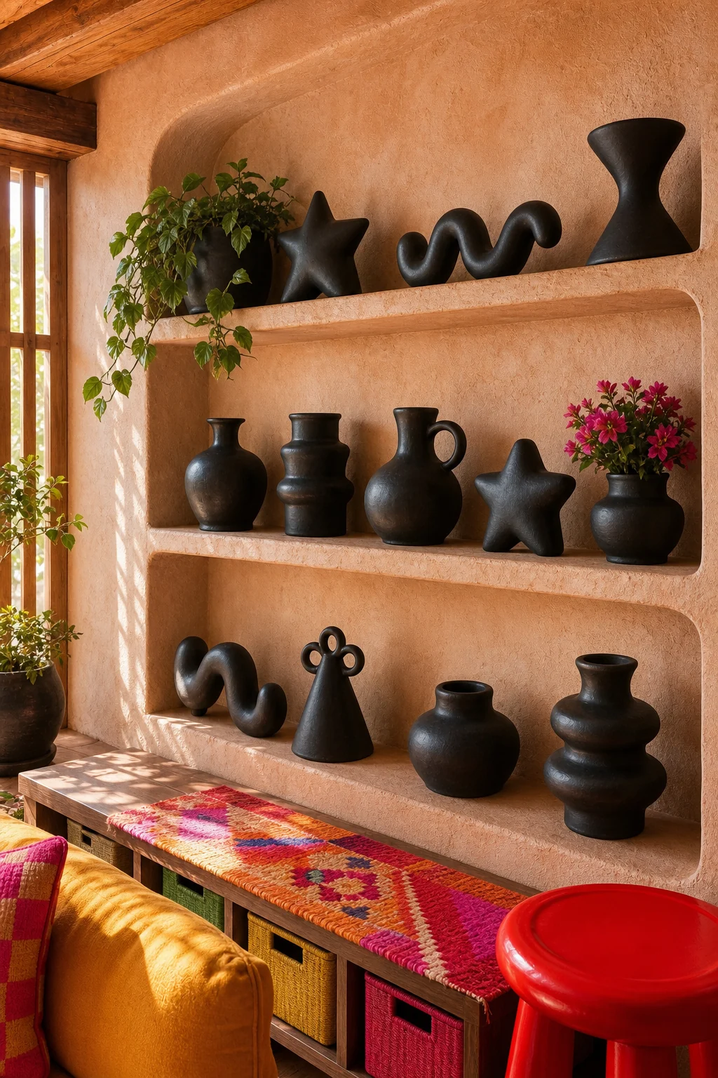 Raw plaster wall shelf displaying matte black clay pottery shaped like squiggles and stars.