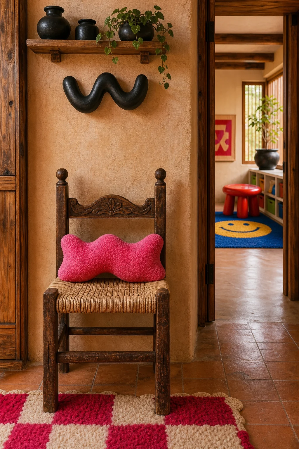 Rustic hand-carved wooden chair in a hallway with a bright pink wavy lumbar pillow.