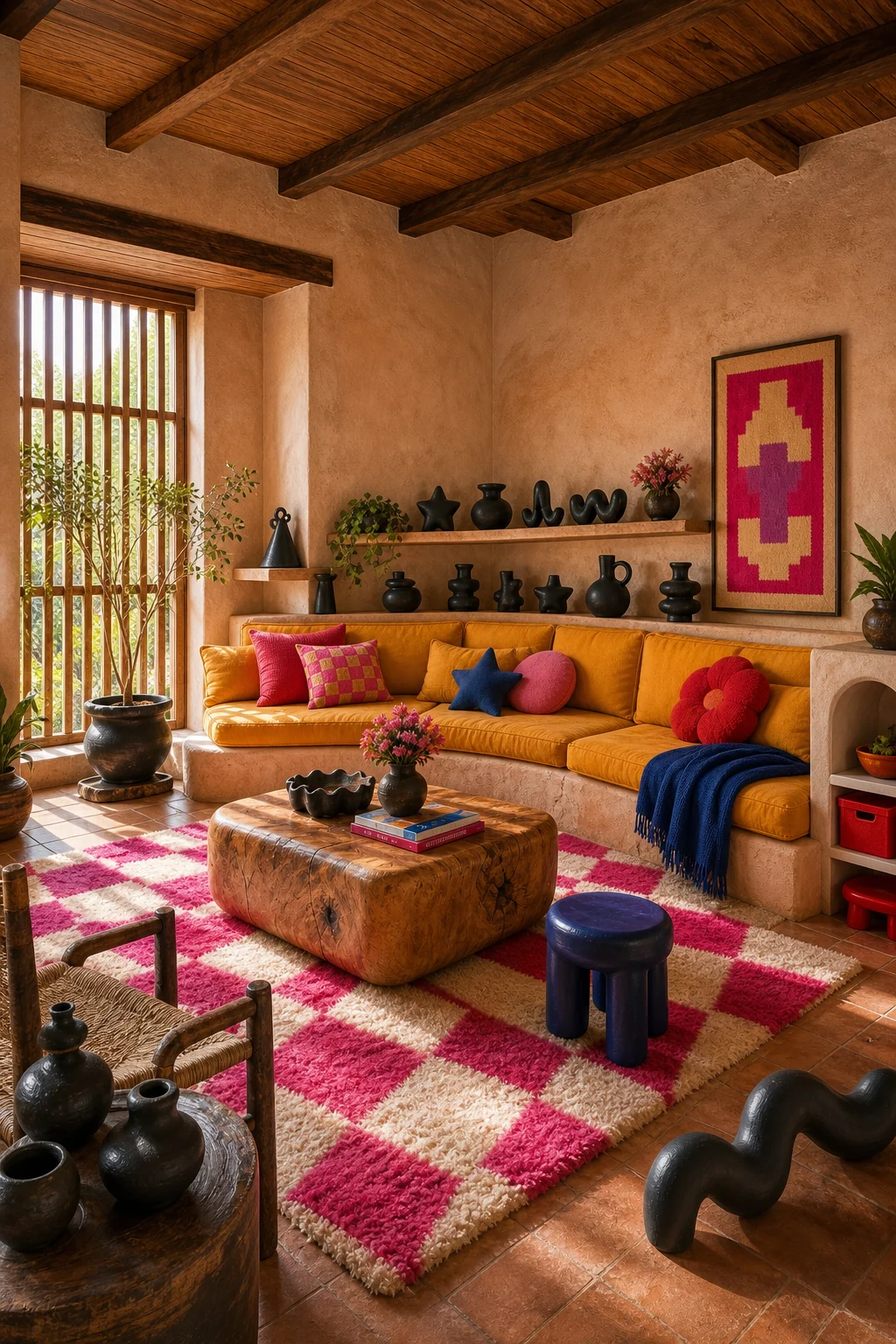 Full room view showing heavy plaster walls, a chunky wood table, and a vibrant pink checkerboard rug.