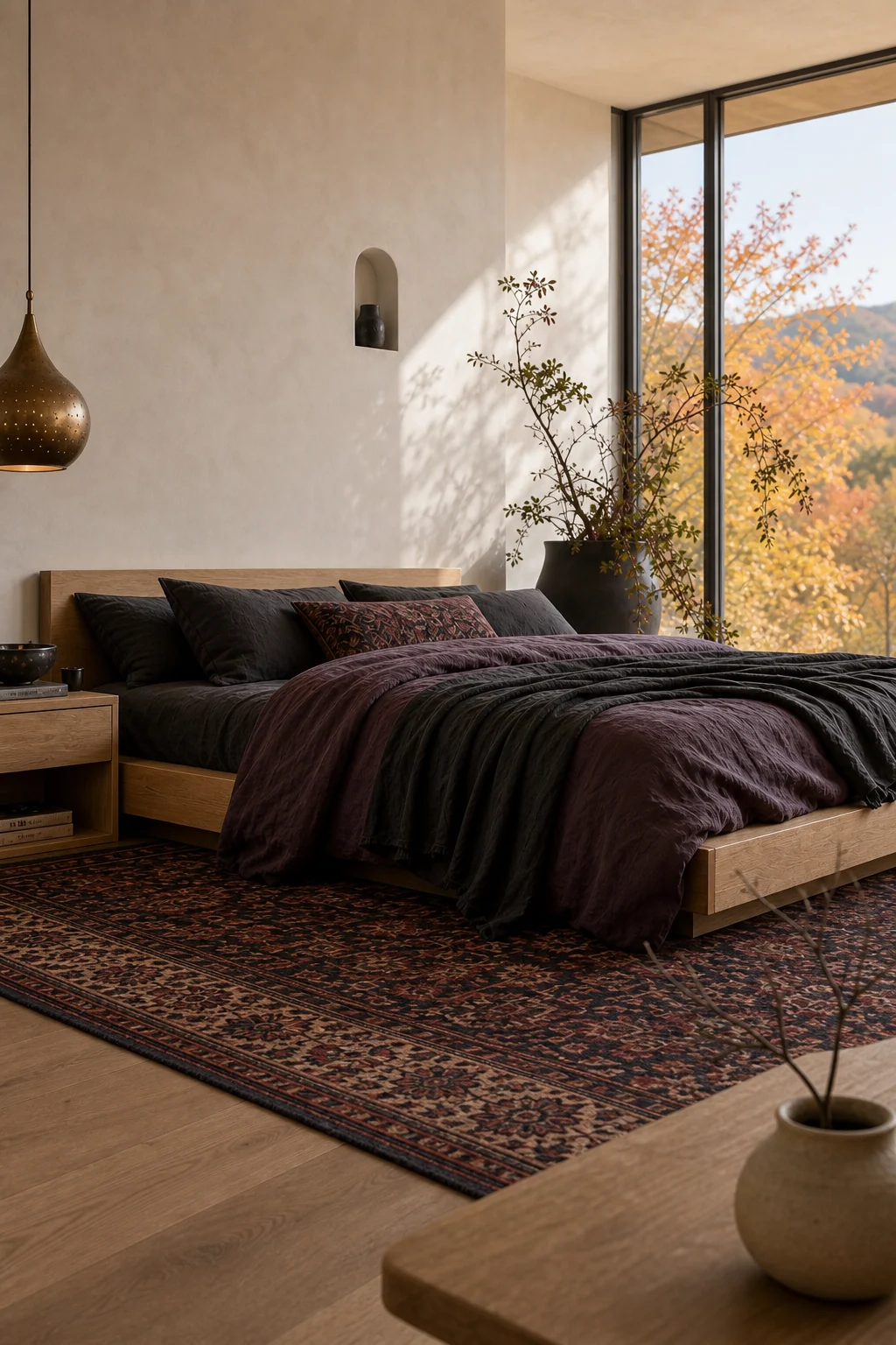 Low-profile white oak platform bed against smooth warm-white plaster walls with a sliver of dark charcoal bedding.