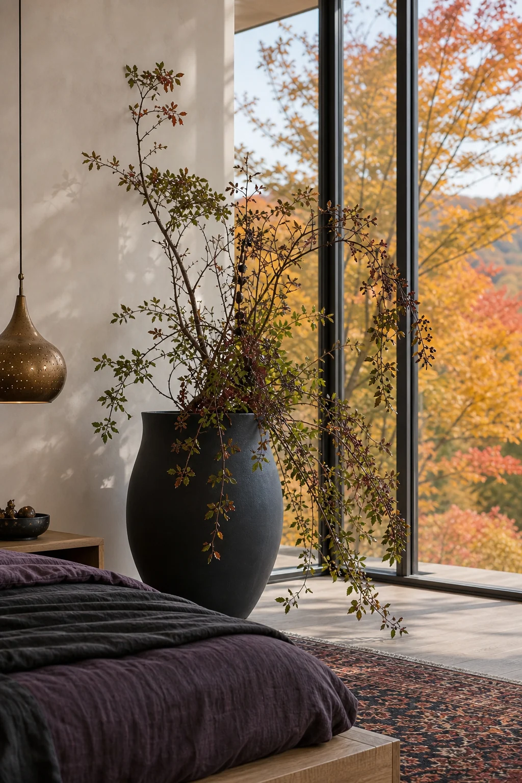 Large minimalist matte-black planter holding a wild, trailing bohemian botanical next to an unadorned window.