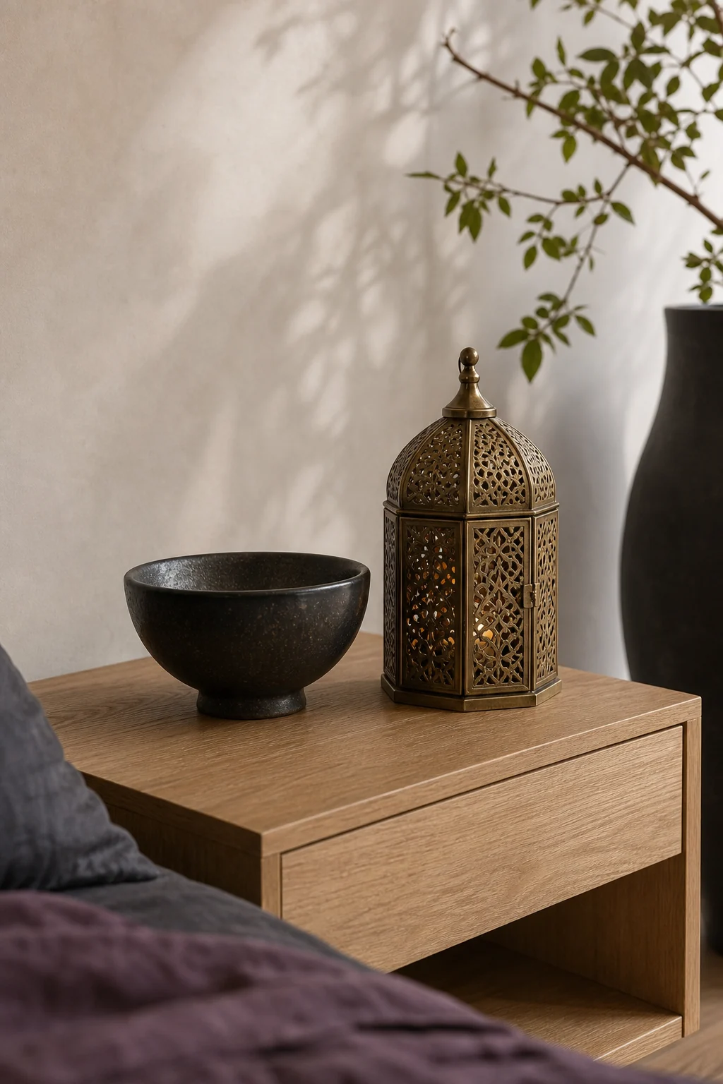 Sleek pale oak nightstand topped with a dark matte ceramic bowl and a pierced brass lantern.