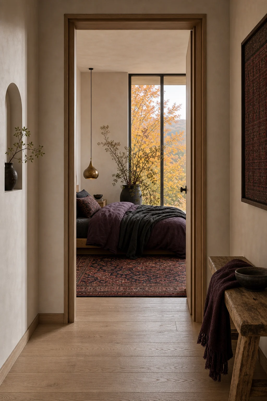 Hallway threshold showing pale oak floors leading to a dark bohemian vintage runner.