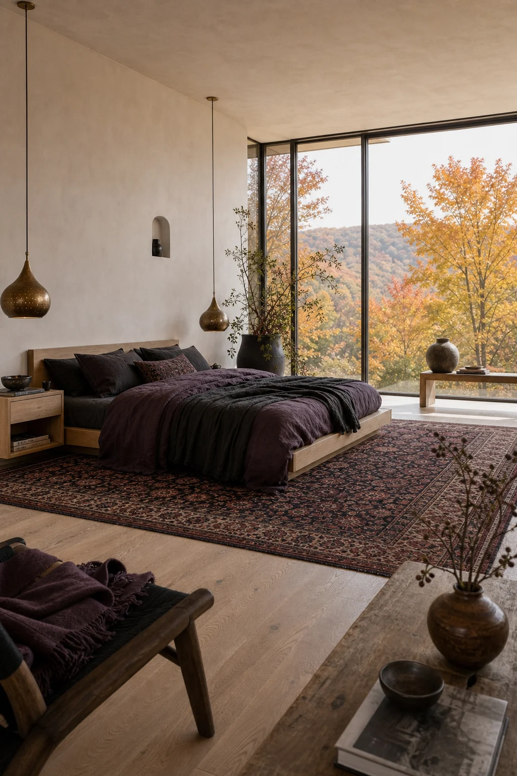 Wide view of the bedroom showing the low-profile oak bed, dark textiles, and vintage rug in harmony.