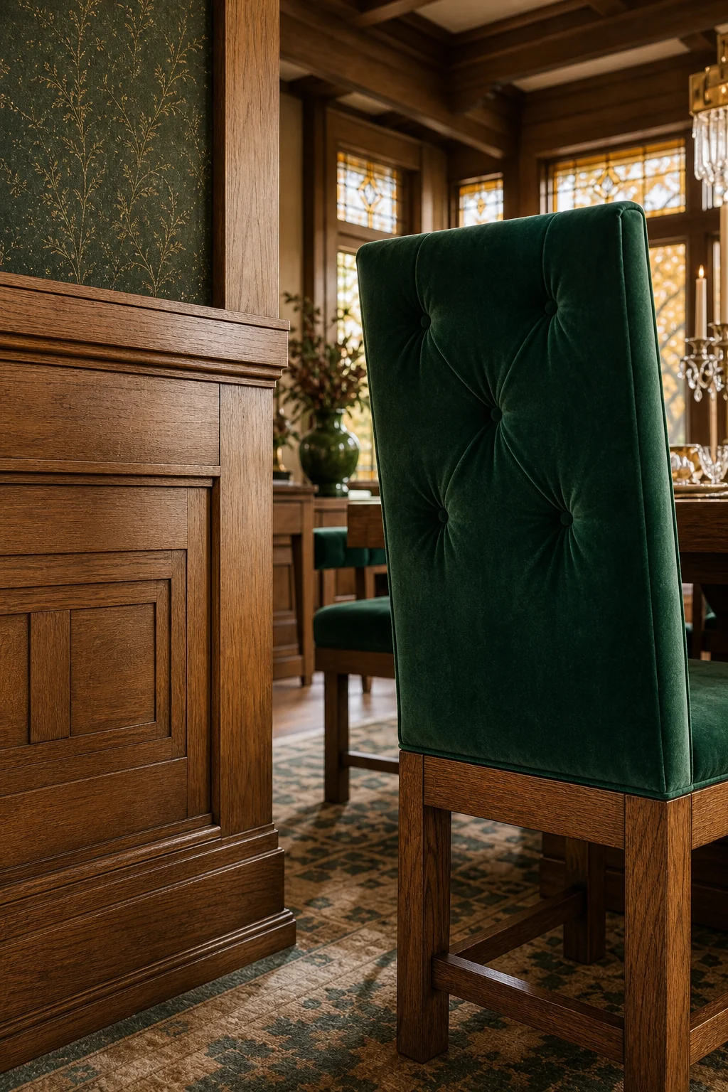 Close-up of strict quarter-sawn oak wainscoting meeting an opulent emerald green velvet chair back