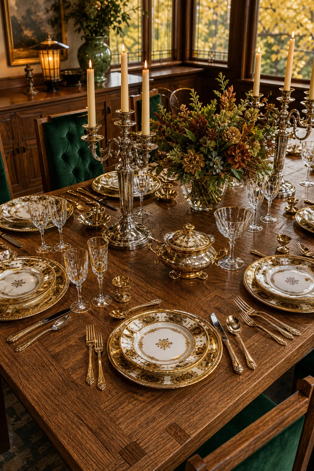 Macro high-angle shot of ornate gilded porcelain and silver candelabras on a bare rectilinear oak table