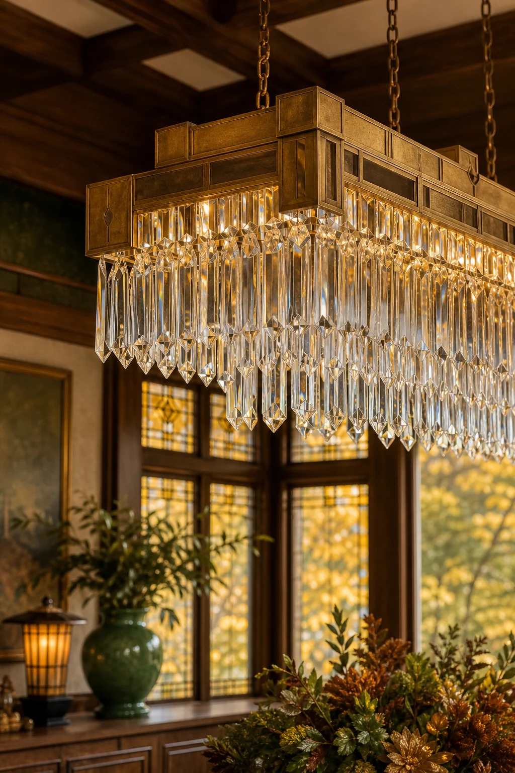 Medium shot looking up at a custom chandelier with a horizontal brass frame and cascading crystal prisms