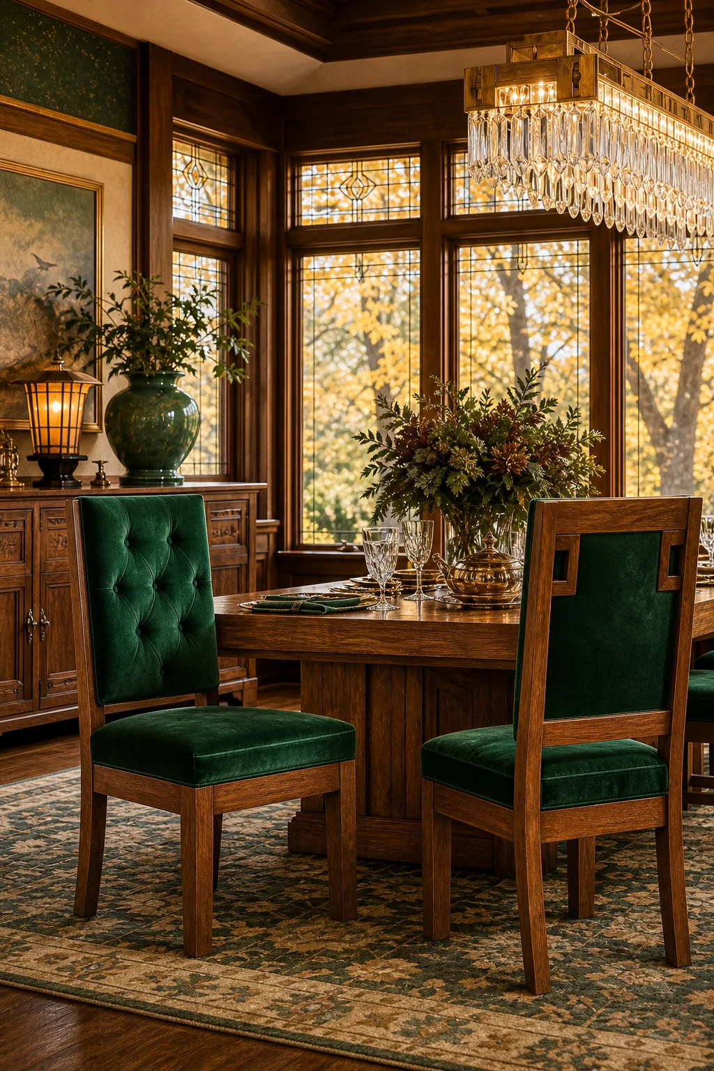 Medium eye-level vignette of rectilinear oak chairs upholstered in emerald silk-velvet beside a massive table