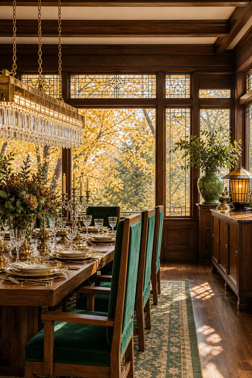 Wide architectural crop showing a ribbon of geometric art glass windows illuminating brass and crystal lighting