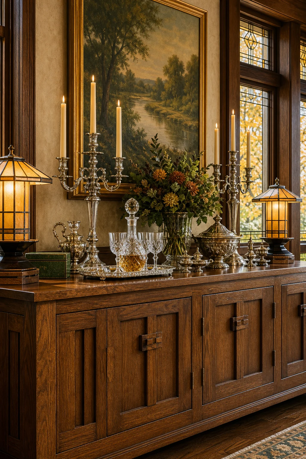 Tight straight-on detail of a built-in oak sideboard styled with heavy antique silver and crystal